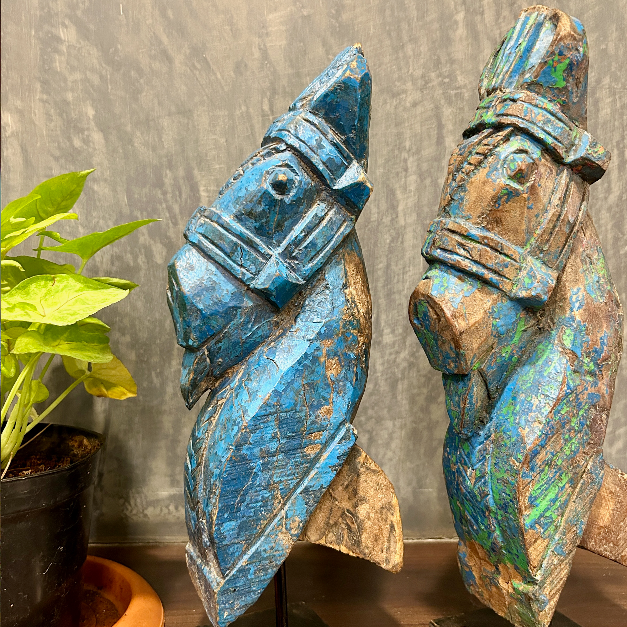 Hand Crafted Wooden Horses With Stand (Blue) - Pair of 2 - collectors items