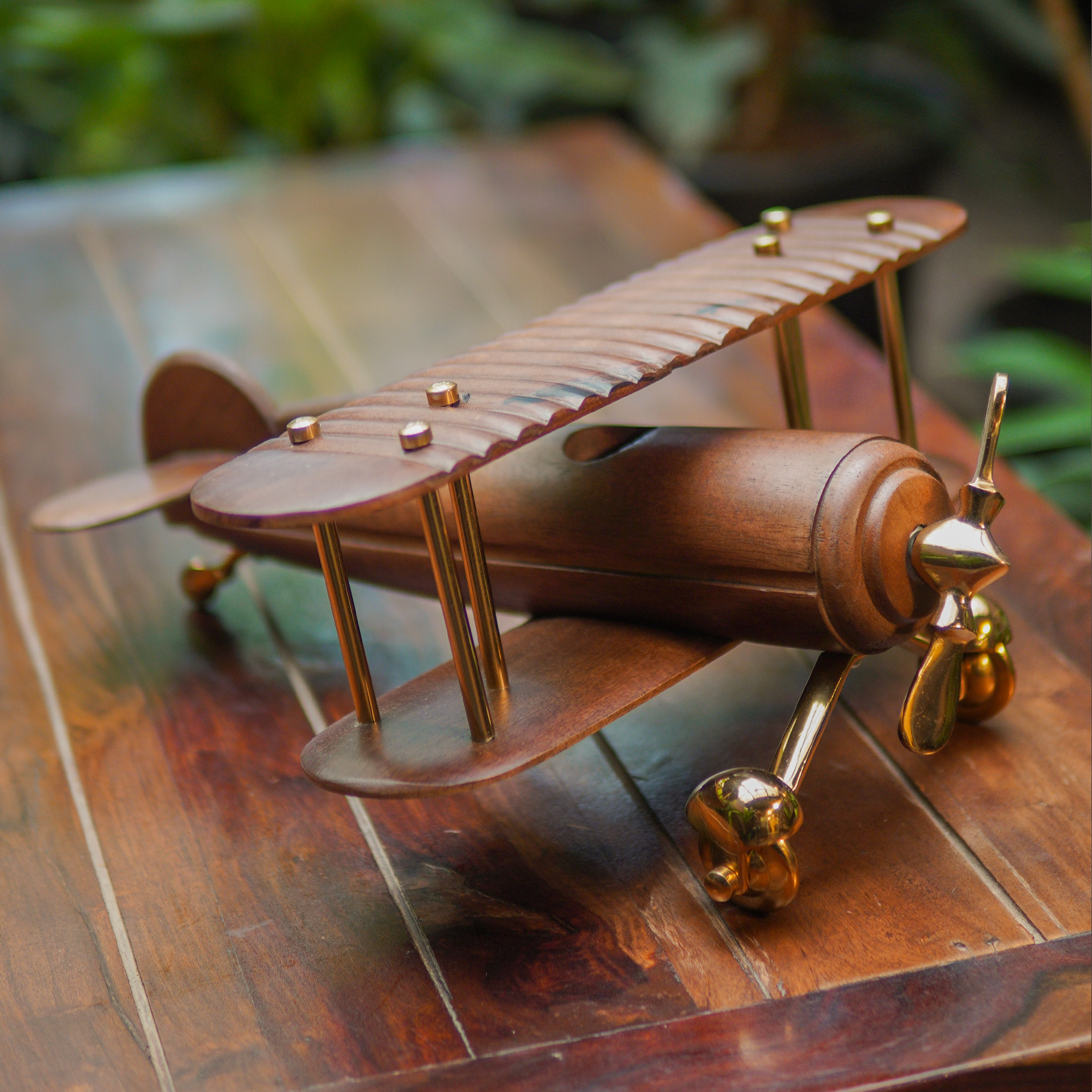 Eclectic Wood and Brass Airplane Table Art