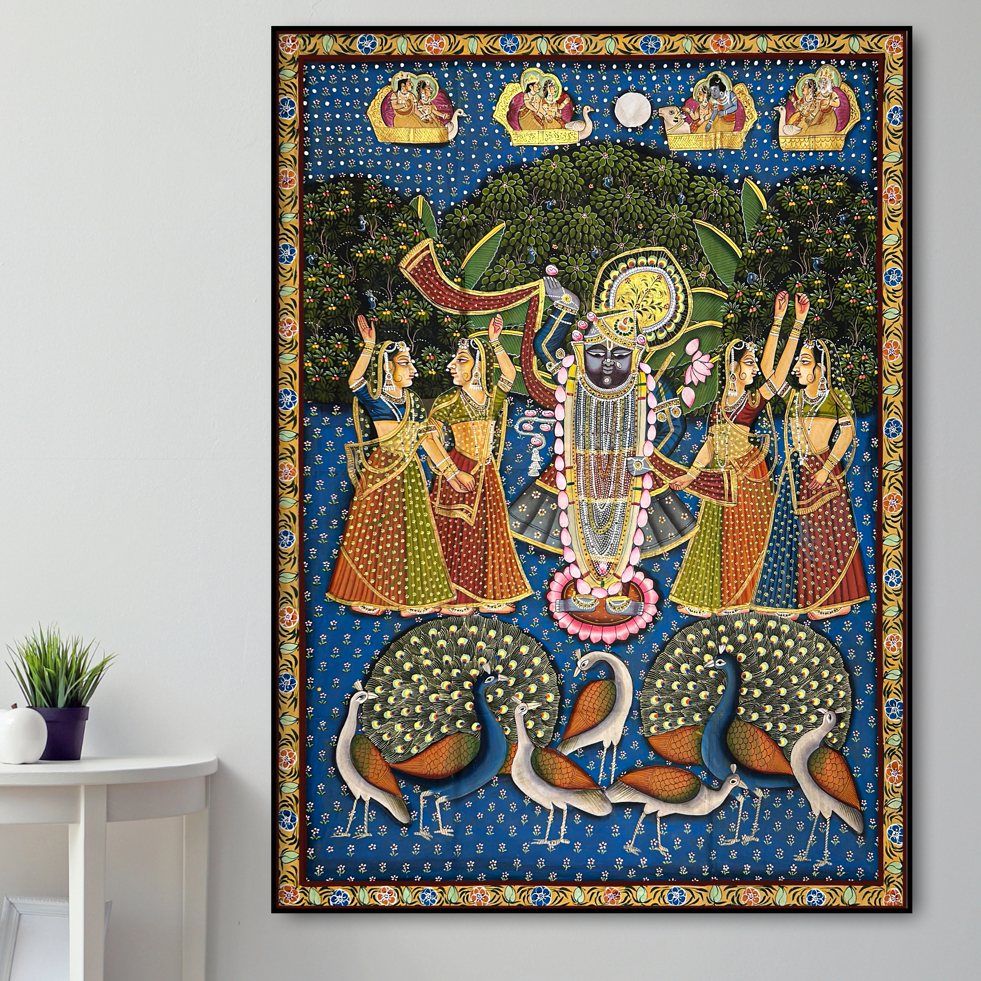 Pichwai Art - Hand Painted Shreenathji, Gopis and Peacocks Painting