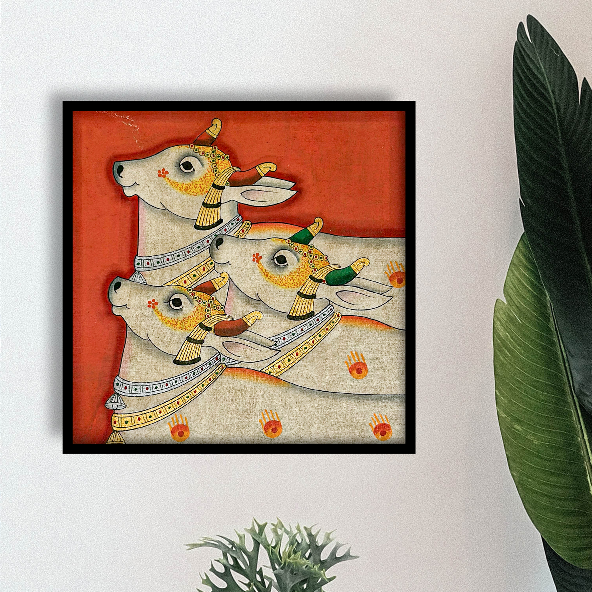 Hand Painted Red Pichwai Cows Painting with Frame