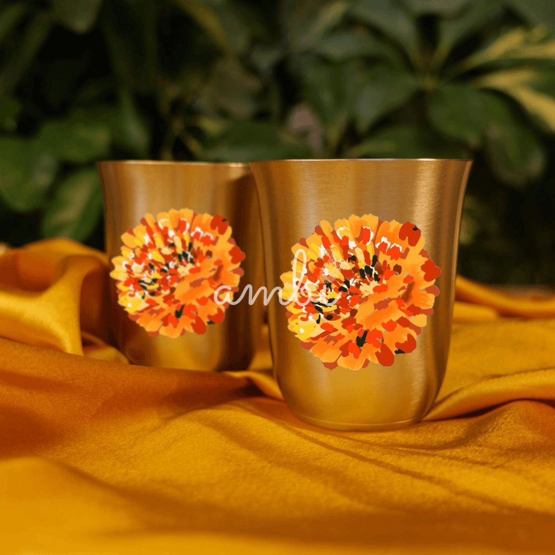 AMBI Pure 100% Lead Free Kansa Marigold Hand Painted Finish Water Glass - 290 ML