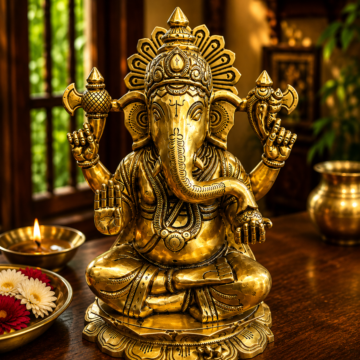 A golden brass statue of Lord Ganesha seated on a wooden table, surrounded by decorative items including a lit diya, flowers, and a brass pot in a warm, softly lit indoor setting.
