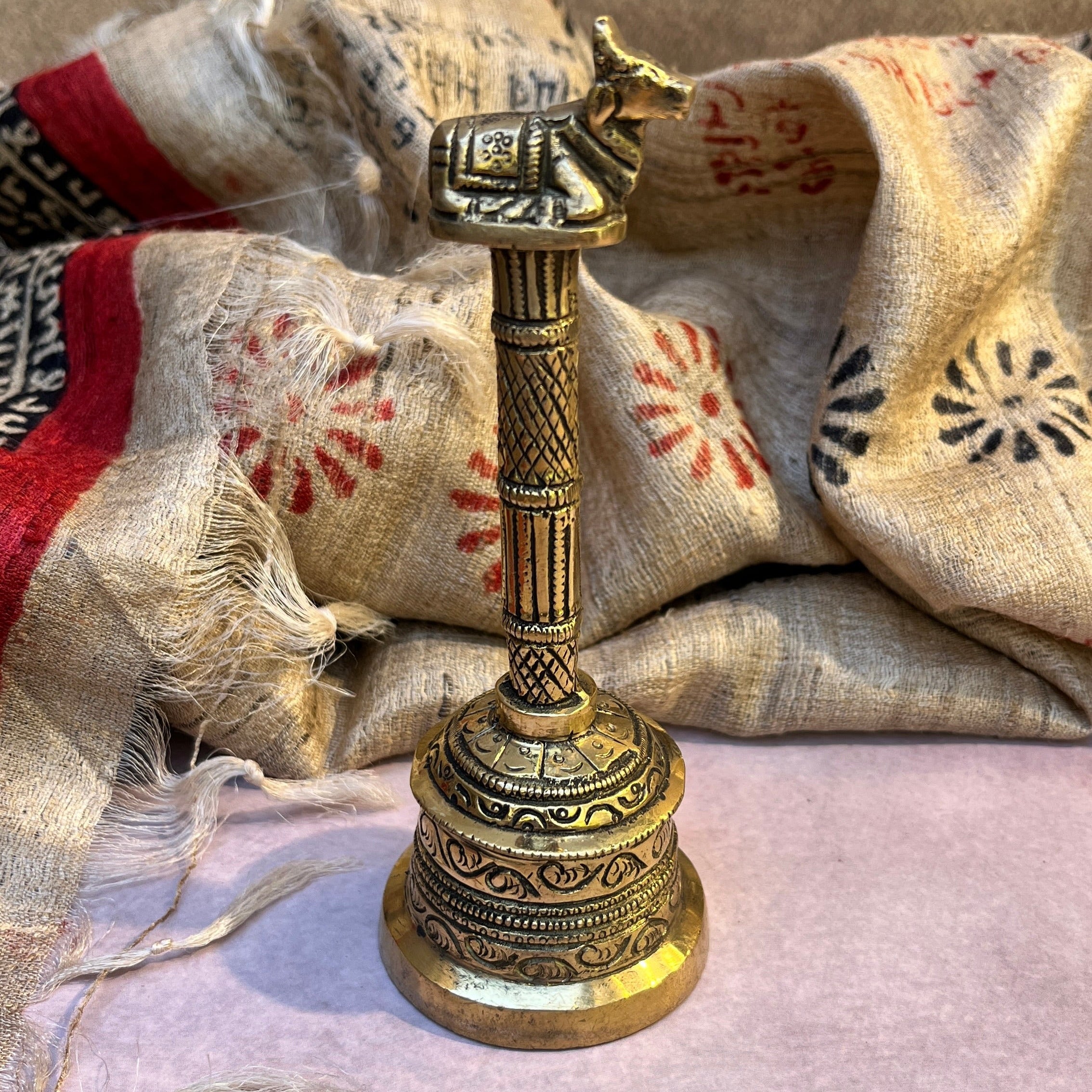 Ambi Pure Brass Nandi Symbol Hand Bell for Pooja & Aarti - 5.5 Inch Height