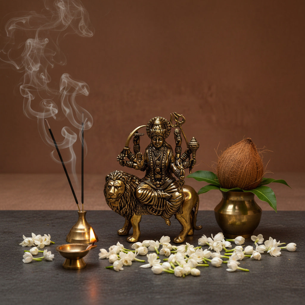 Ambi Pure Brass Simhavahini Durga Idol | Durga Mata on Lion Murti for Home Mandir | 3 Inch Height