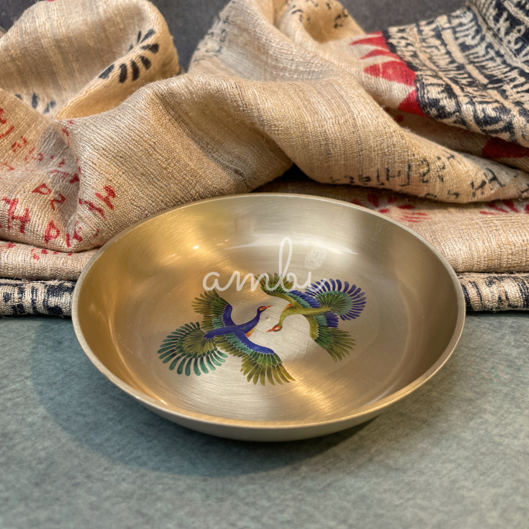 Ambi Pure Kansa Pattachitra Birds Hand Painted Plate – 4 Inch | Dessert & Puja Plate