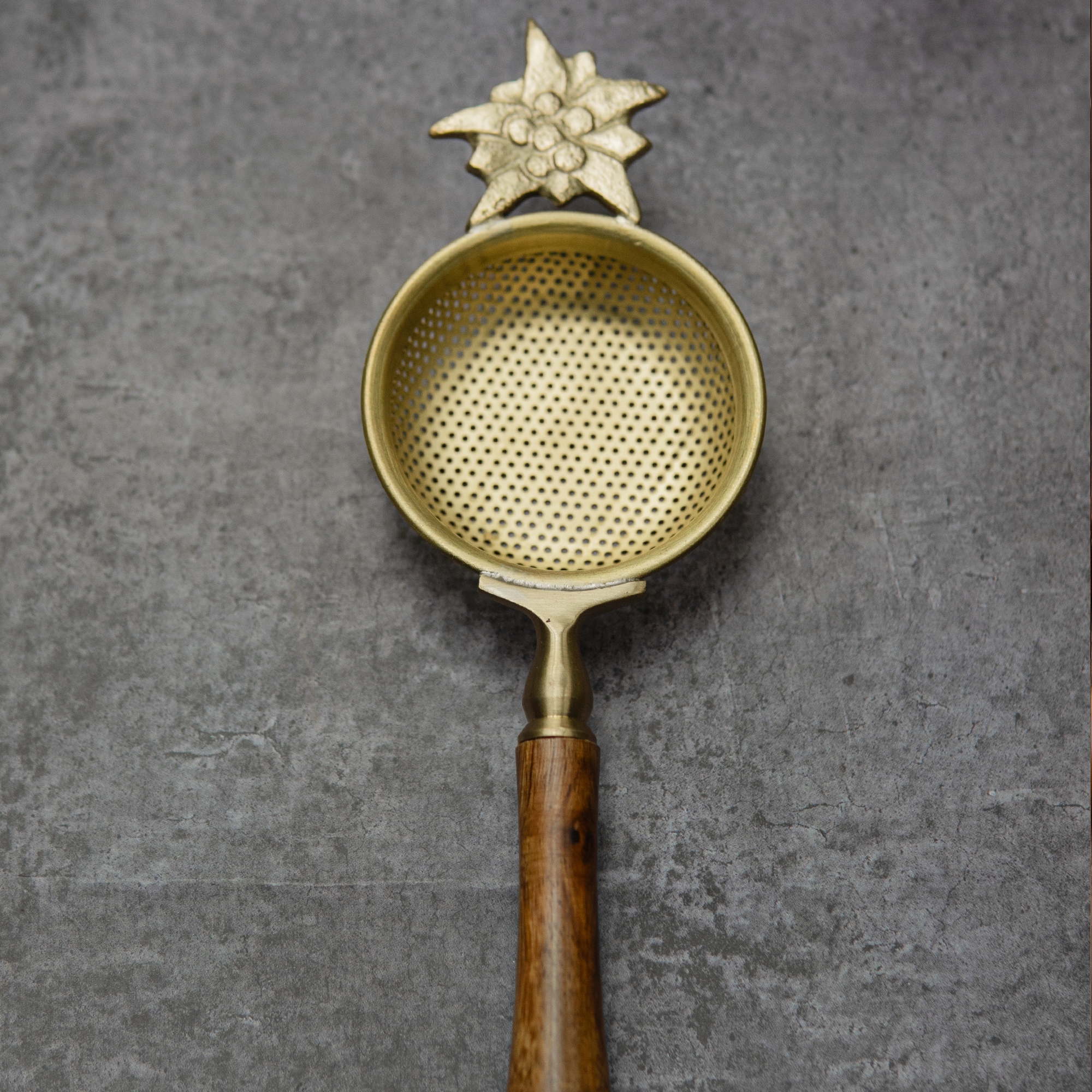 Gold Flower Matte Finish Brass Medium Sized Tea Strainer 2 Piece Set With Wooden Holder and Resting Pot