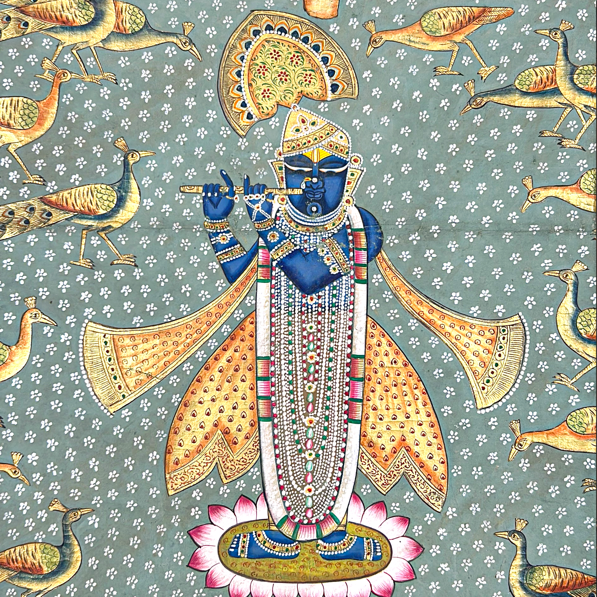 2026 - Pichwai Art - Handmade - Shreenathji with Cows and Peacocks Painting