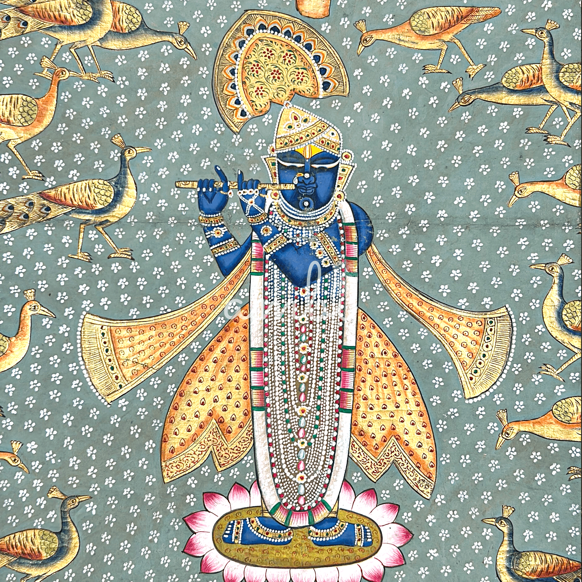 2026 - Pichwai Art - Handmade - Shreenathji with Cows and Peacocks Painting