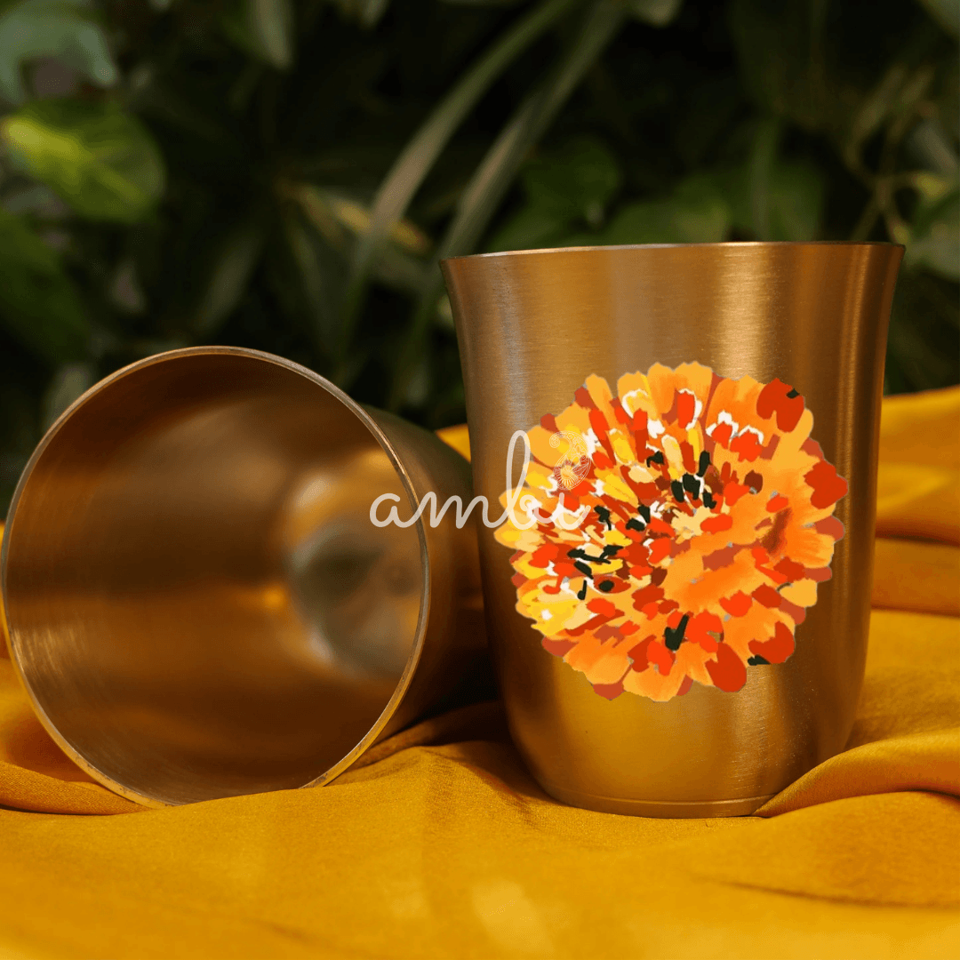 AMBI Pure 100% Lead Free Kansa Marigold Hand Painted Finish Water Glass - 290 ML