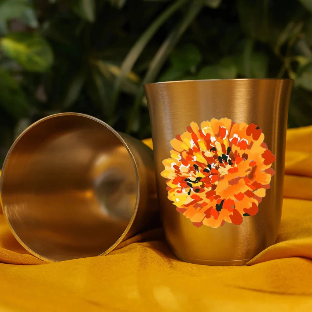 AMBI Gift Box Pure 100% Lead Free Kansa Marigold Hand Painted Finish Water Glass - 275 ML