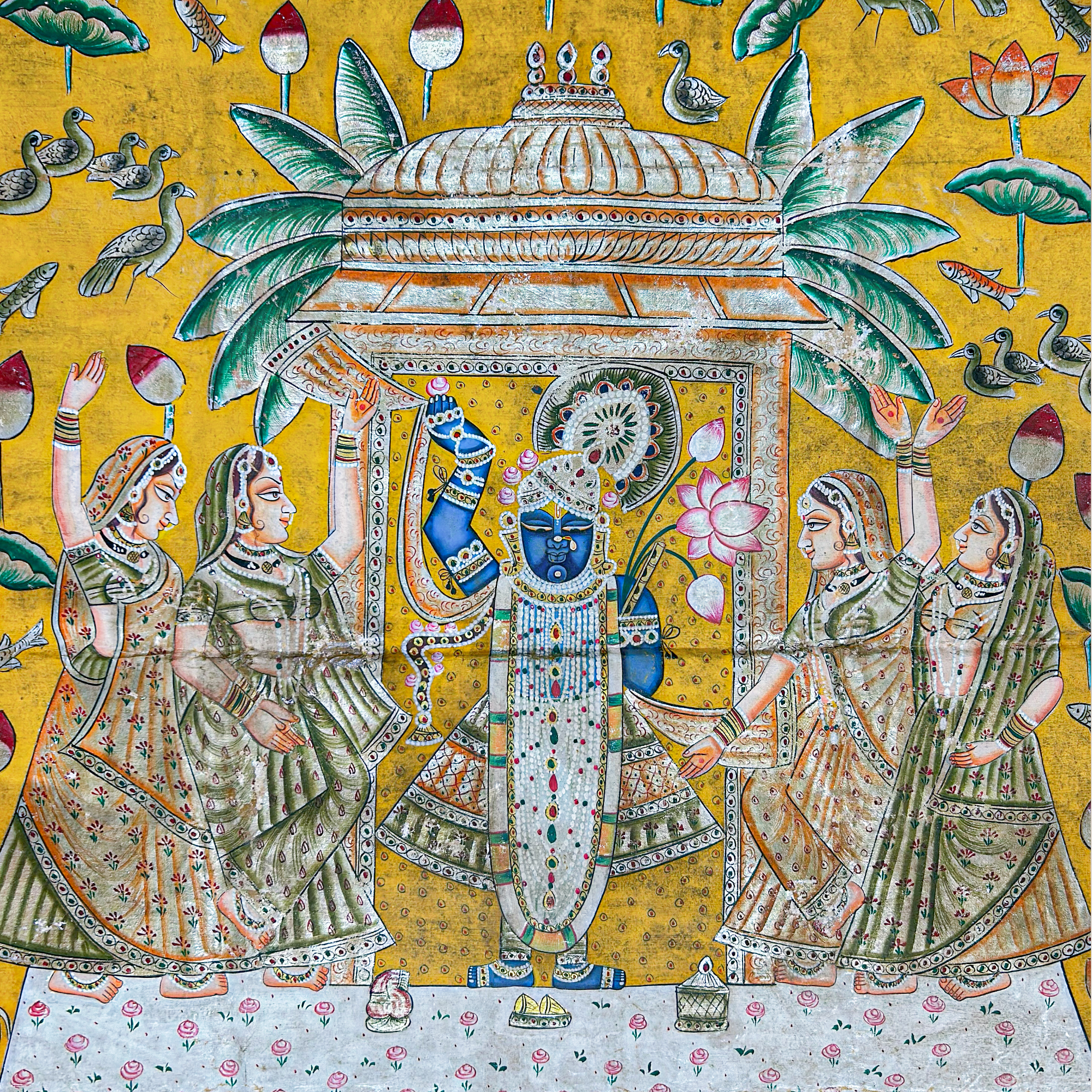 Handmade Pichwai Art - Sharath Utsav Shreenathji Pichwai Silver Gold Leaf Painting