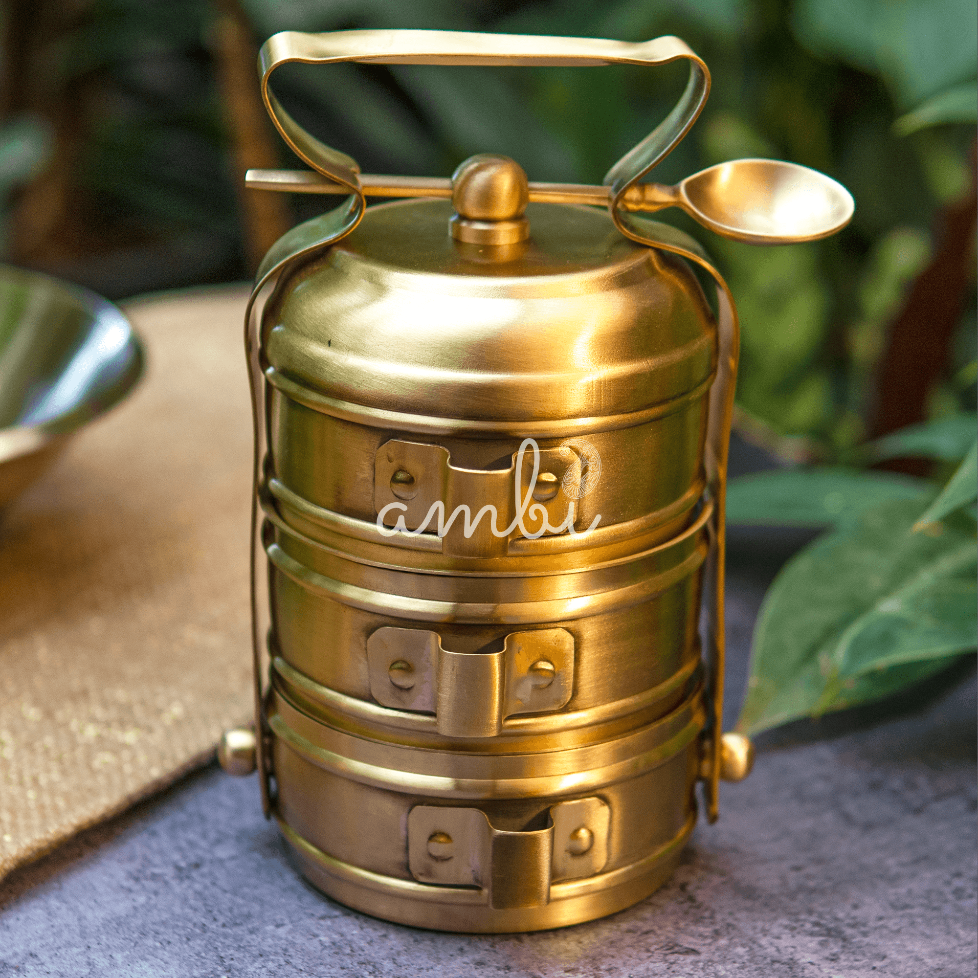 Super Elegant Pure Brass Three Tier Tiffin Set in Matte Finish with Spoon