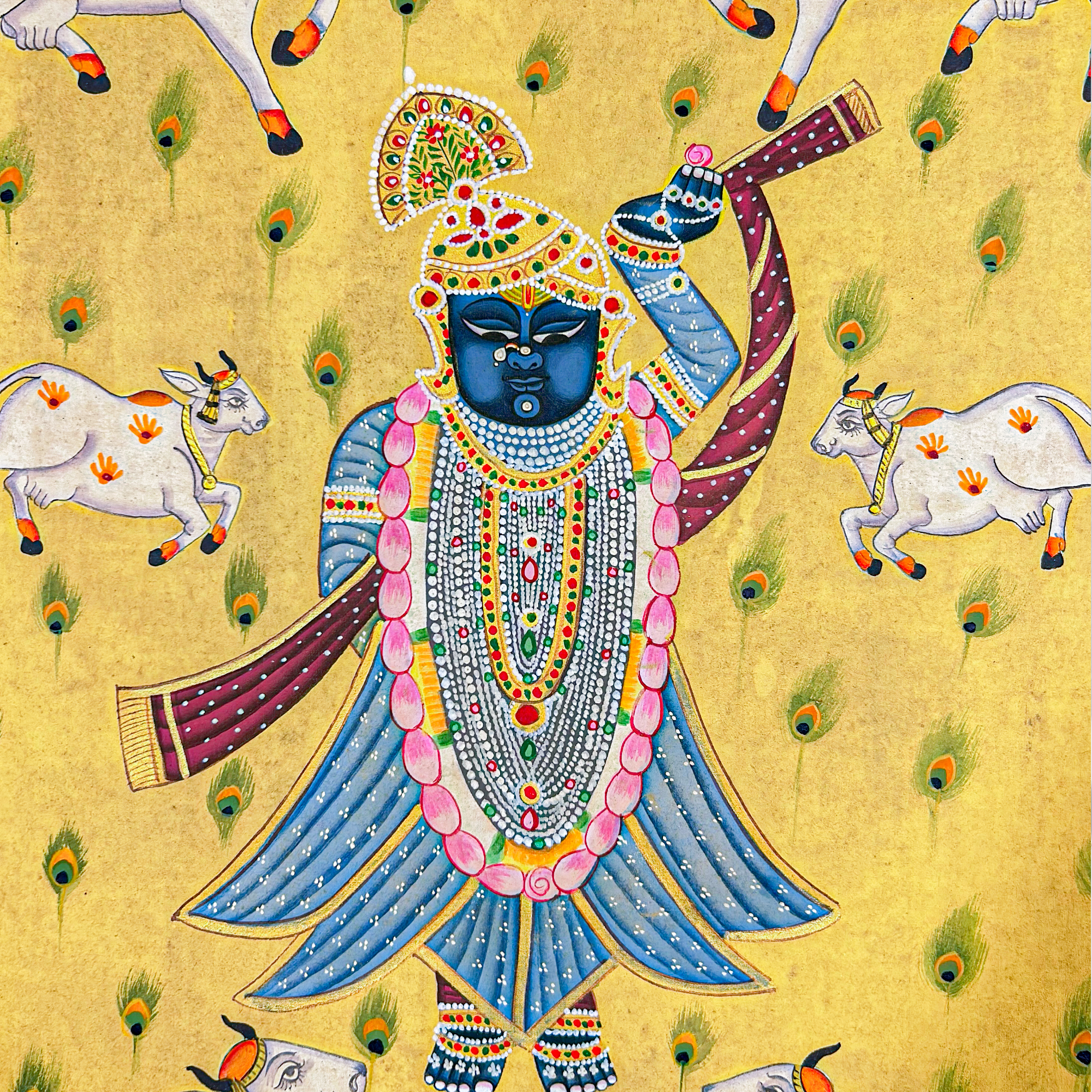 Handmade Pichwai Art - Shreenathji Gopastmi with Cows Painting