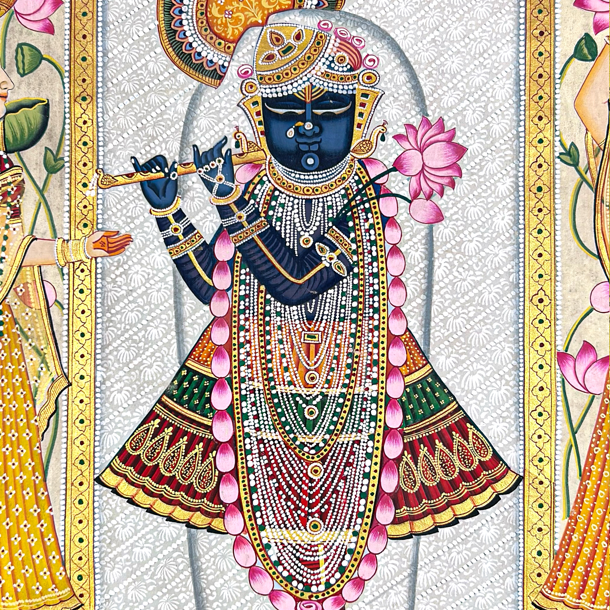 2025 Pichwai Art - Handmade Shreenathji with Gopis and Lotus Flowers Painting