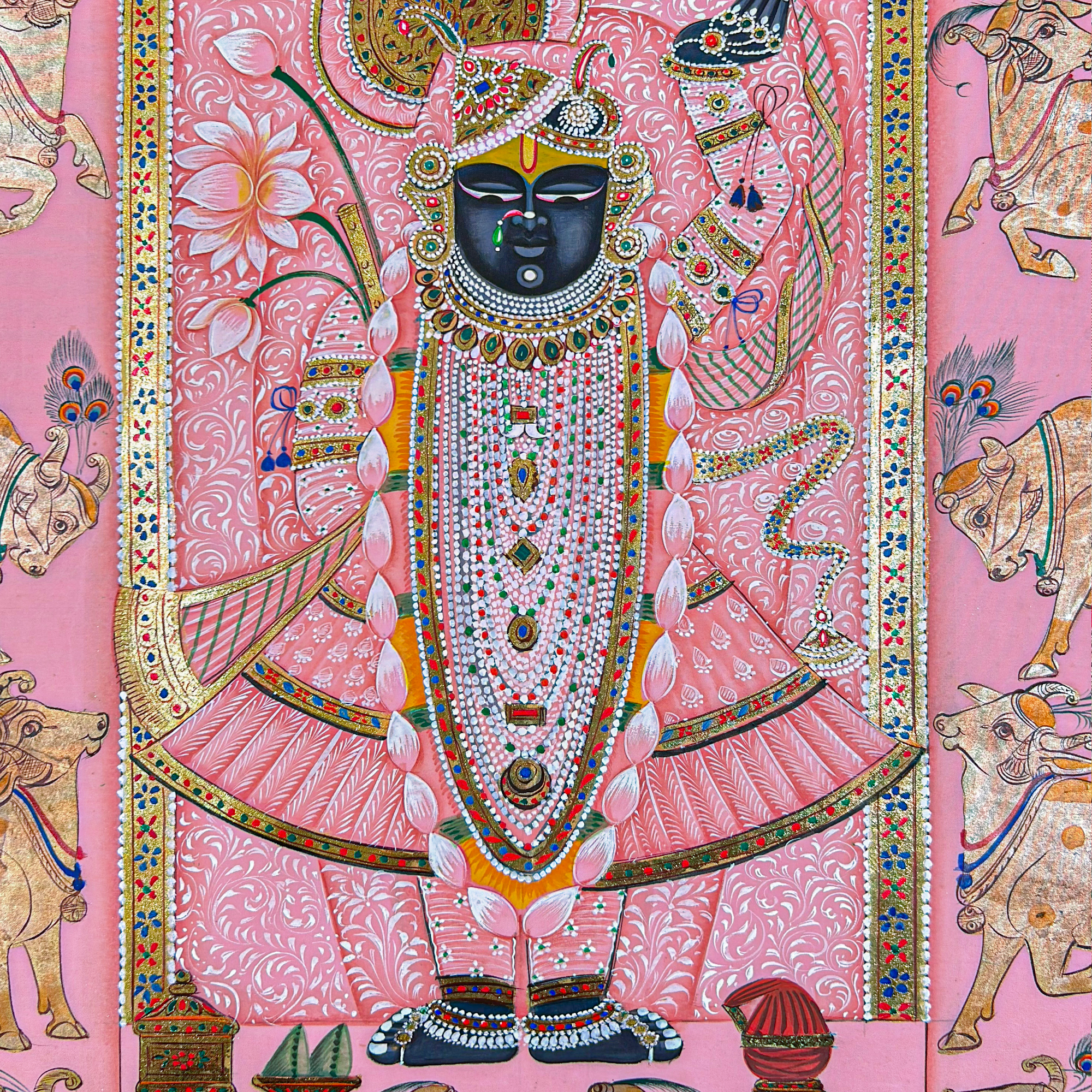 Handmade Pichwai Art - Shreenath Ji Silver Leaf Work Pink Painting