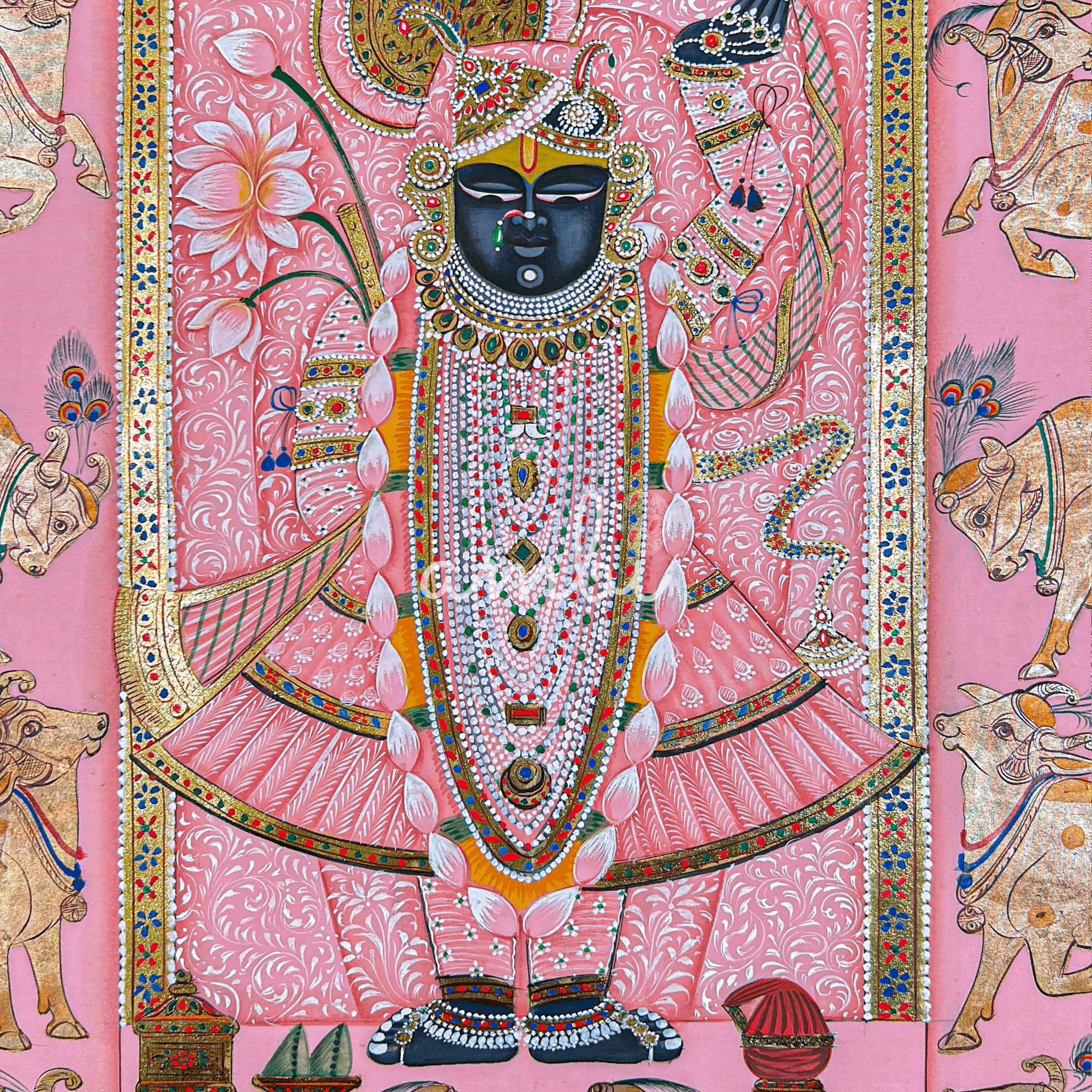 2026 - Handmade Pichwai Art - Shreenath Ji Silver Leaf Work Pink Painting