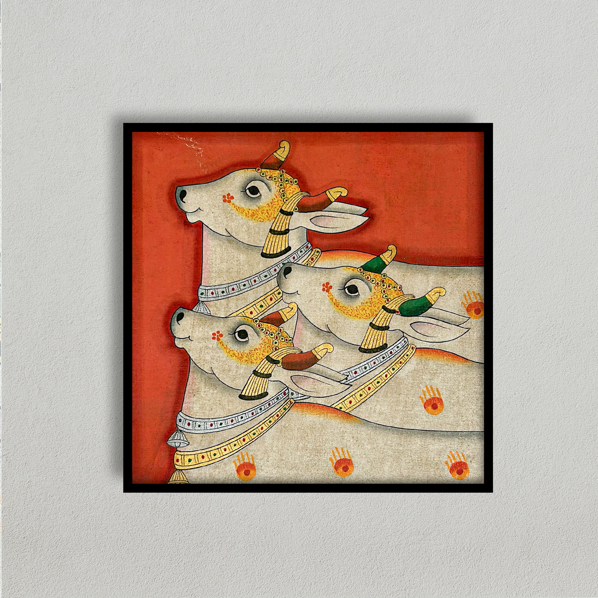 Hand Painted Red Pichwai Cows Painting with Frame