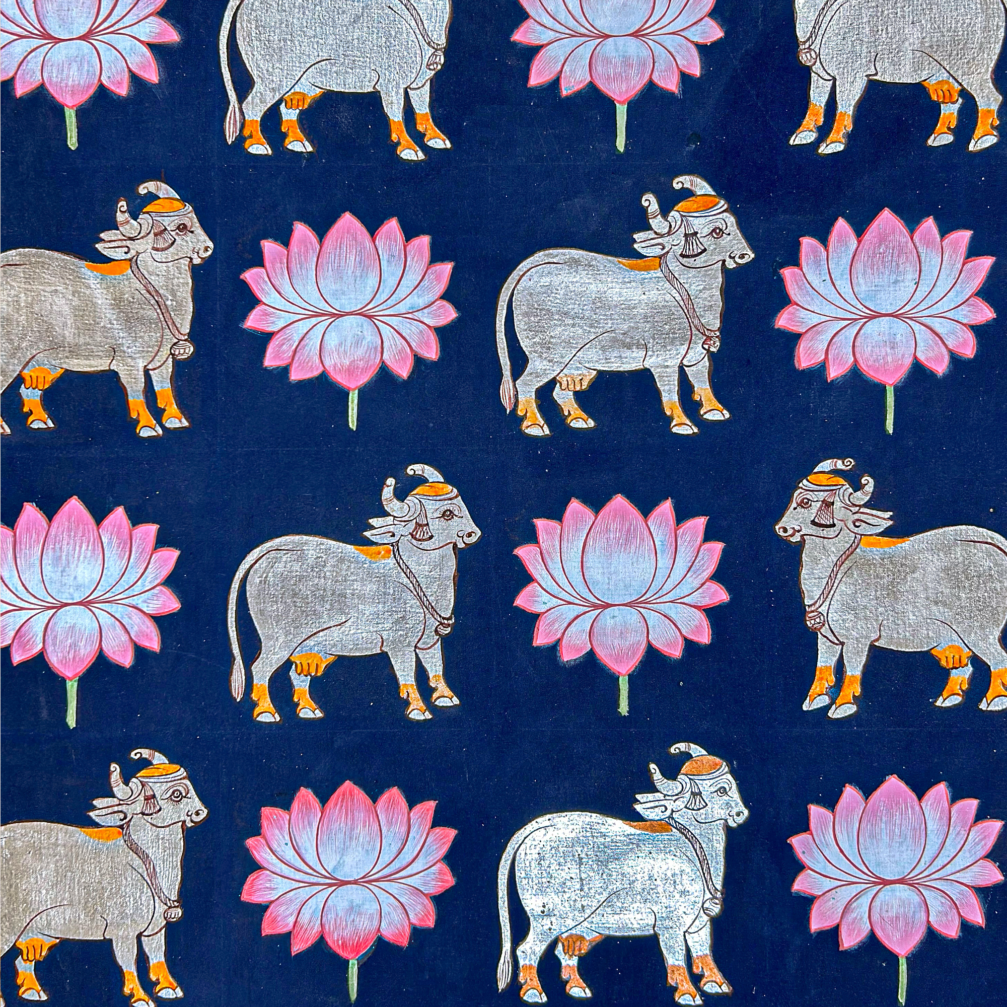2026 - Handmade Pichwai Art -Shreenathji Silver Cows on Dark Blue background painting