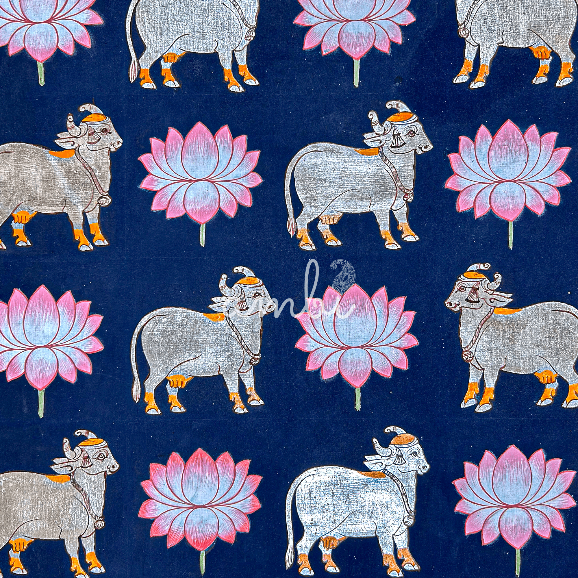 2026 - Handmade Pichwai Art -Shreenathji Silver Cows on Dark Blue background painting