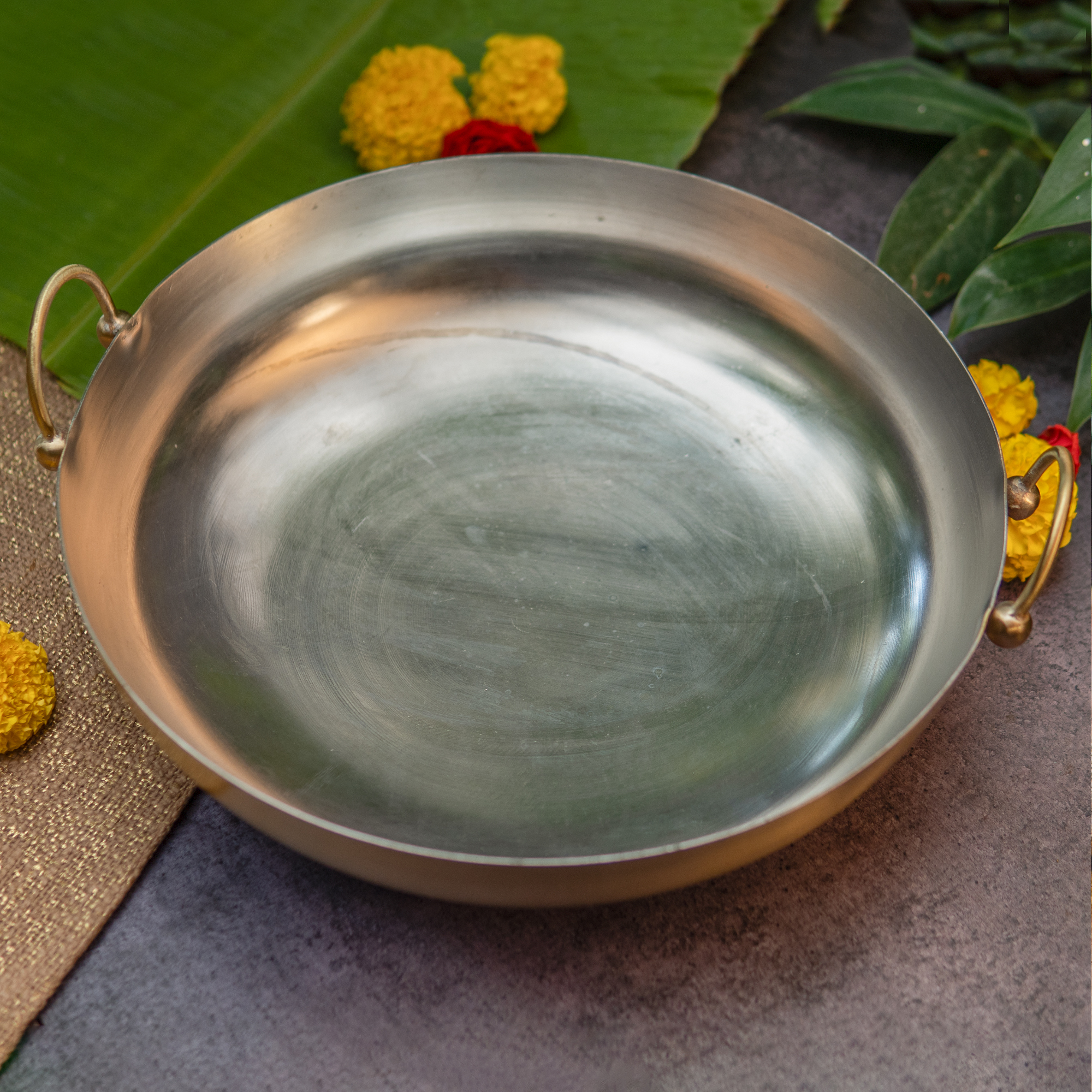 Pure Brass Heavy Base Kadhai — Large 13 Inches | 1.75 KG | Ambi