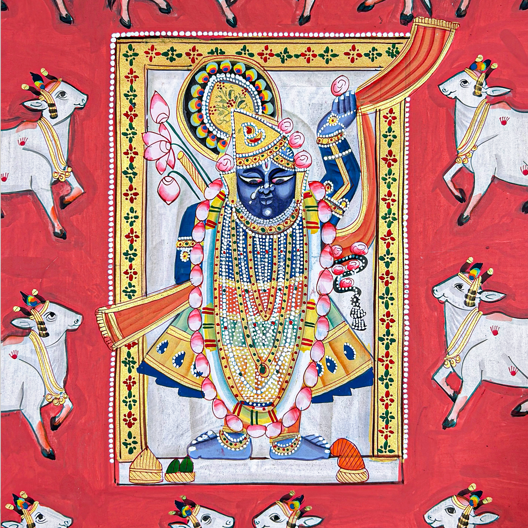 2025 - Pichwai Art - Handmade Shreenathji and Cows Painting