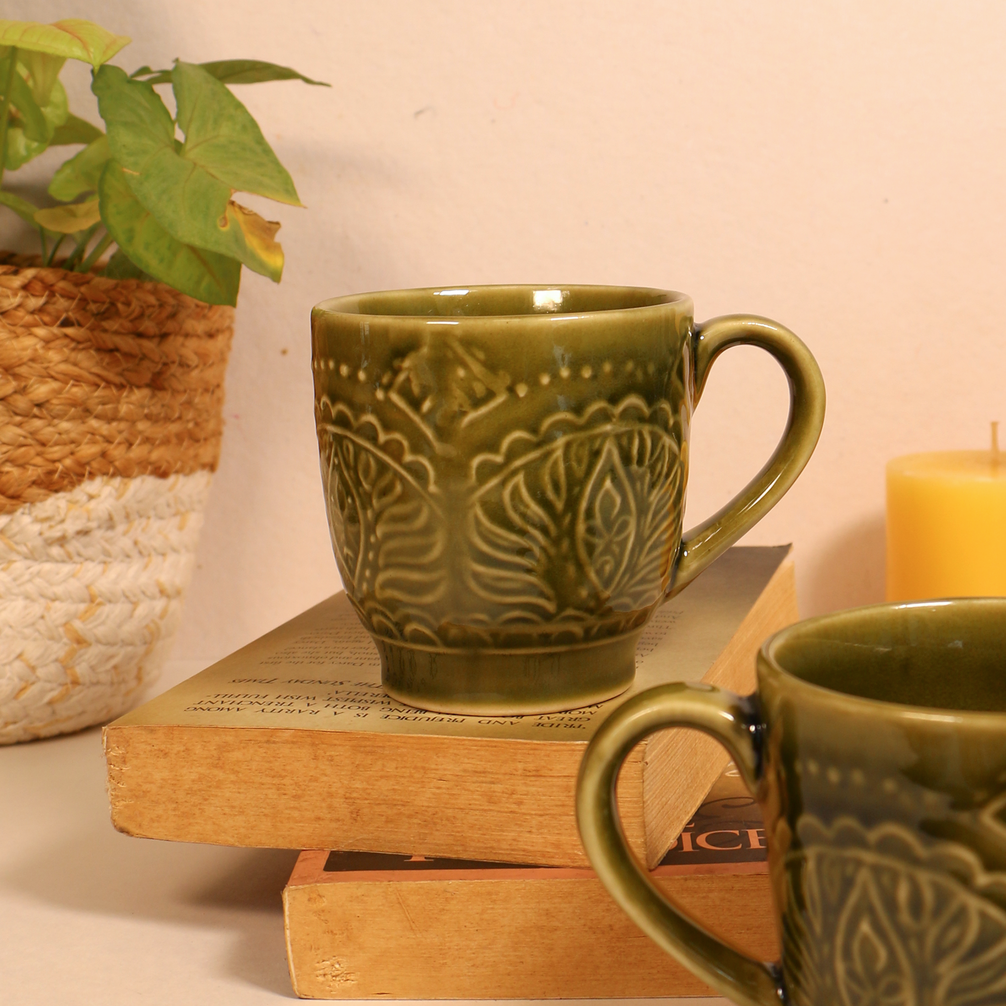 Ambi Stoneware Glazed Green Coffee Mugs 250 ml | Set of 2