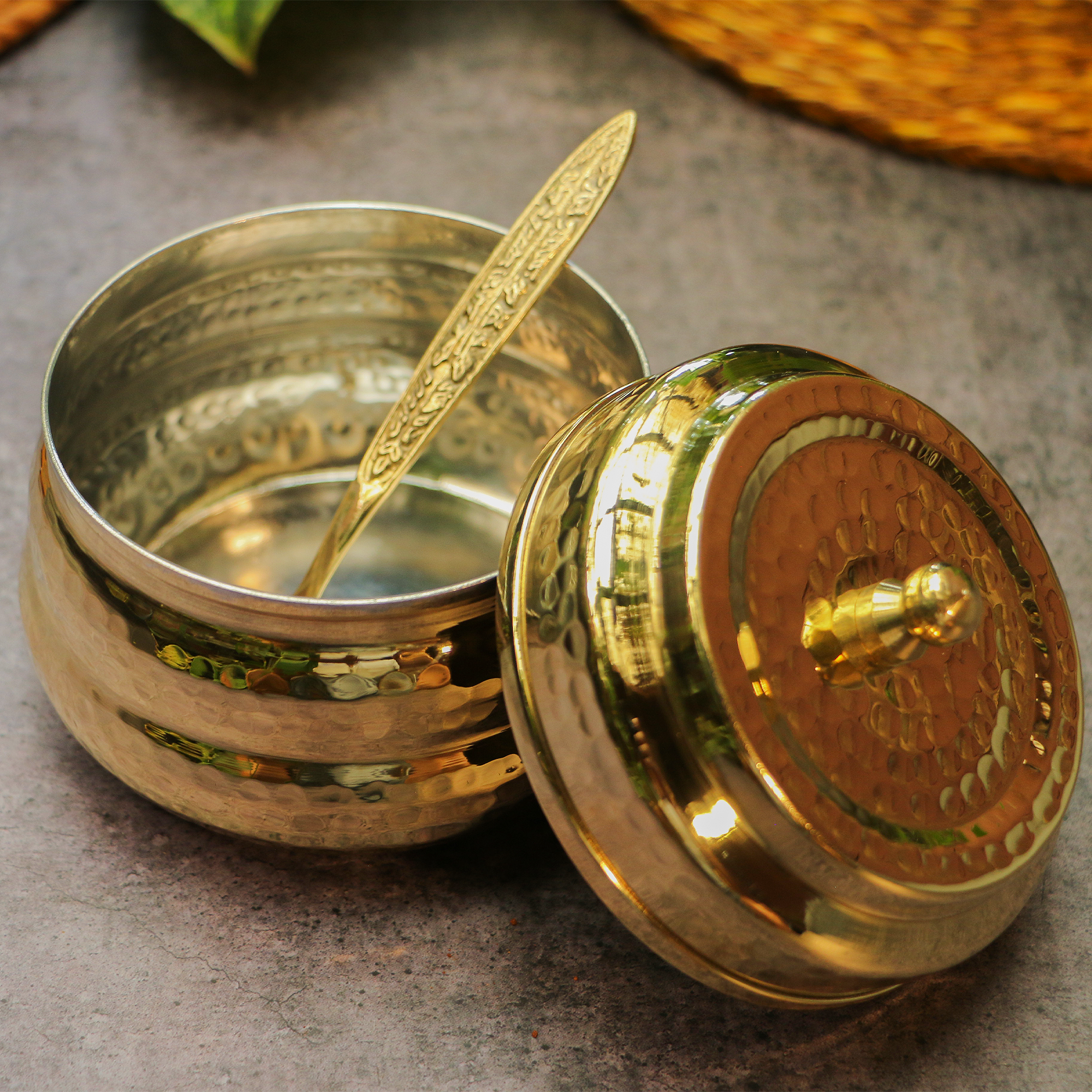 Pure Brass Ghee Pot (Matte) With Spoon - Hammered Gold Finish - Protective Tin Coating Inside