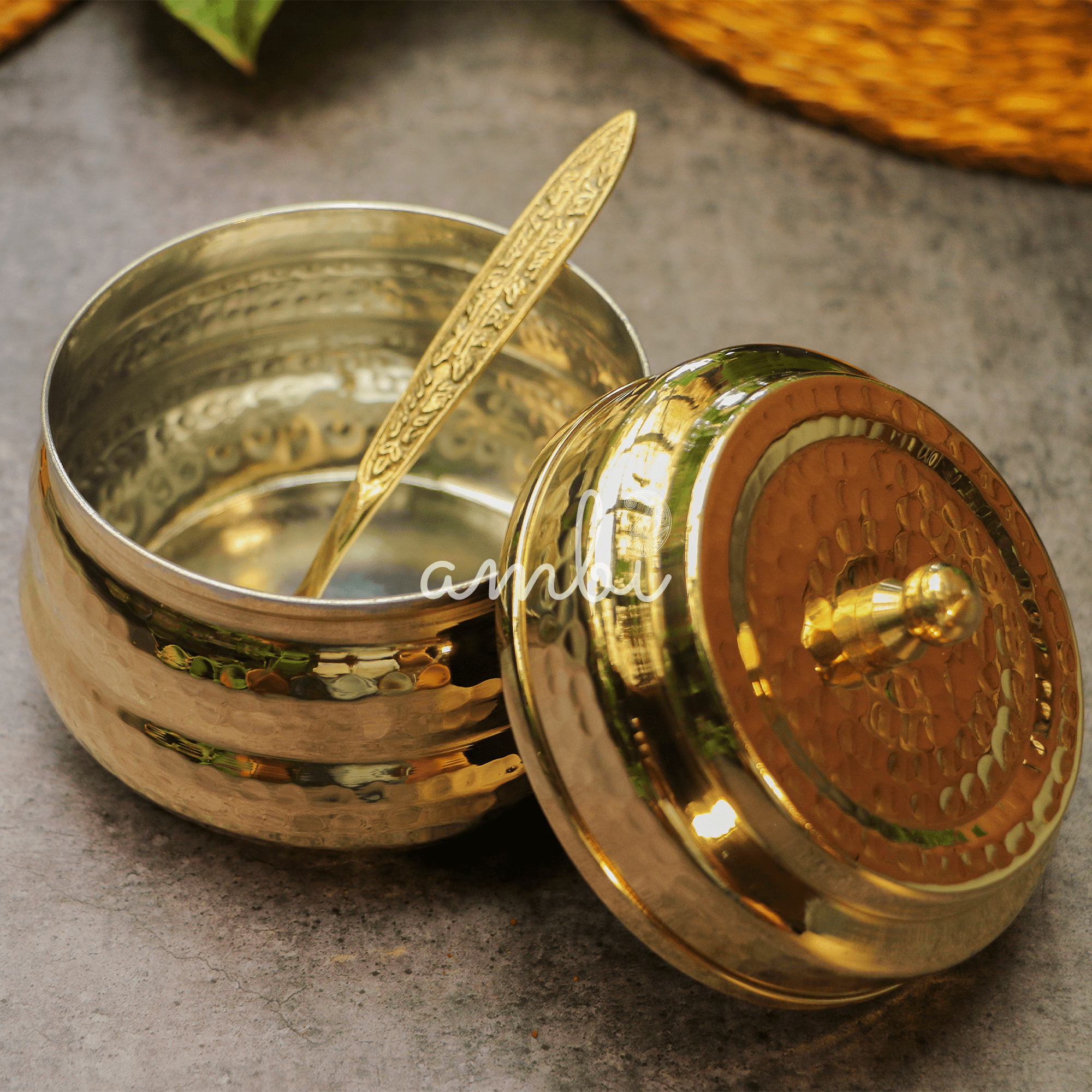 Pure Brass Ghee Pot (Matte) With Spoon - Hammered Gold Finish - Protective Tin Coating Inside - 350 ML