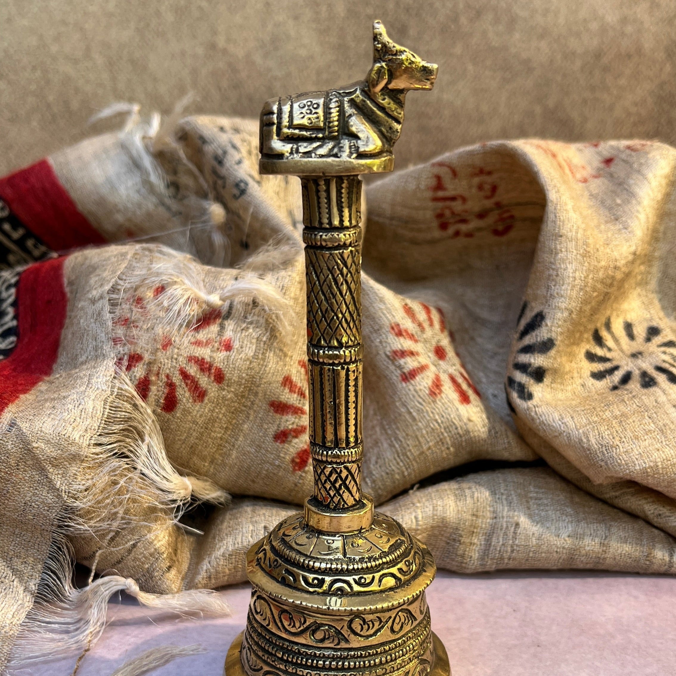 Ambi Pure Brass Nandi Symbol Hand Bell for Pooja & Aarti - 5.5 Inch Height