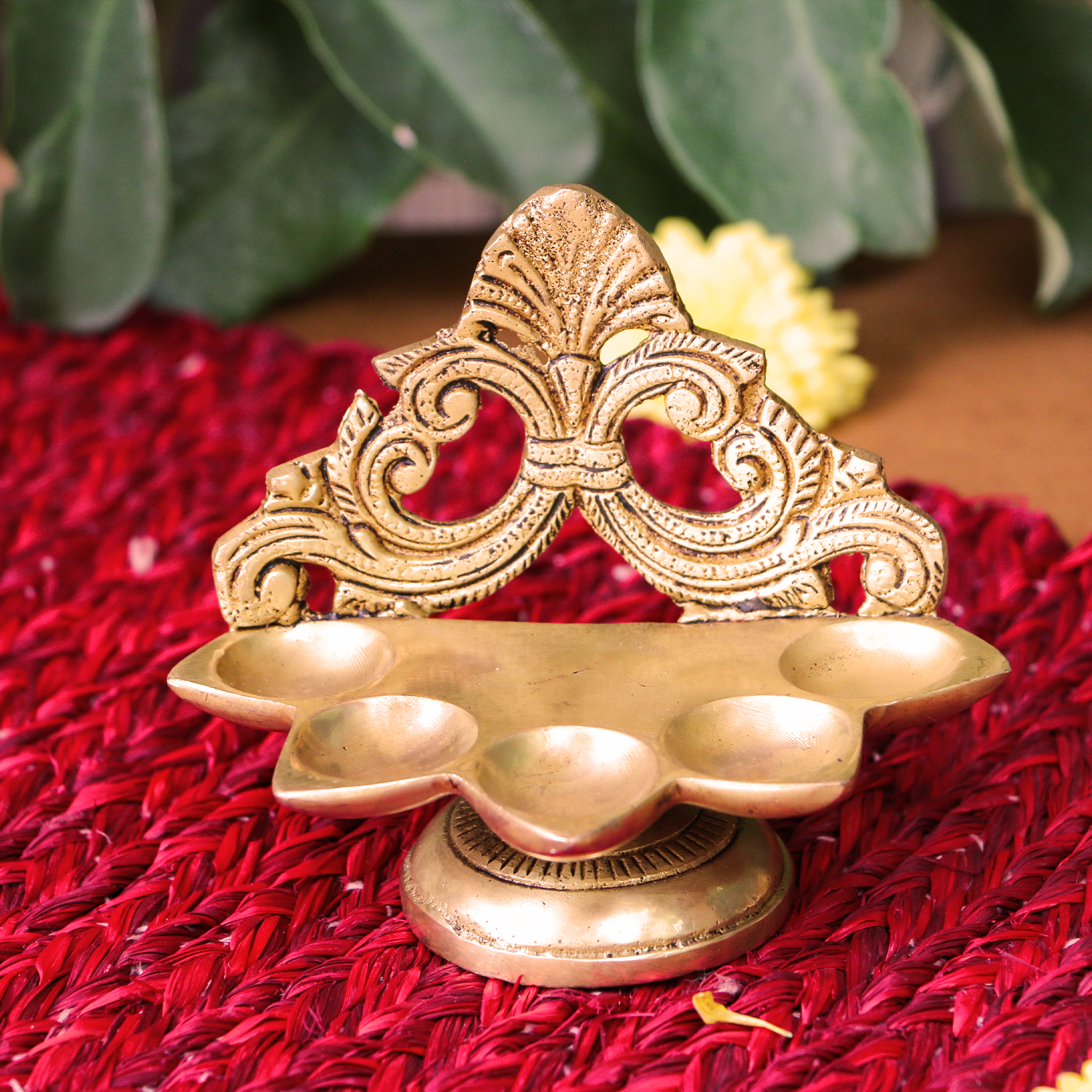 Pure Brass Antique Singhasan Panchmukhi Diya - 4 inches height