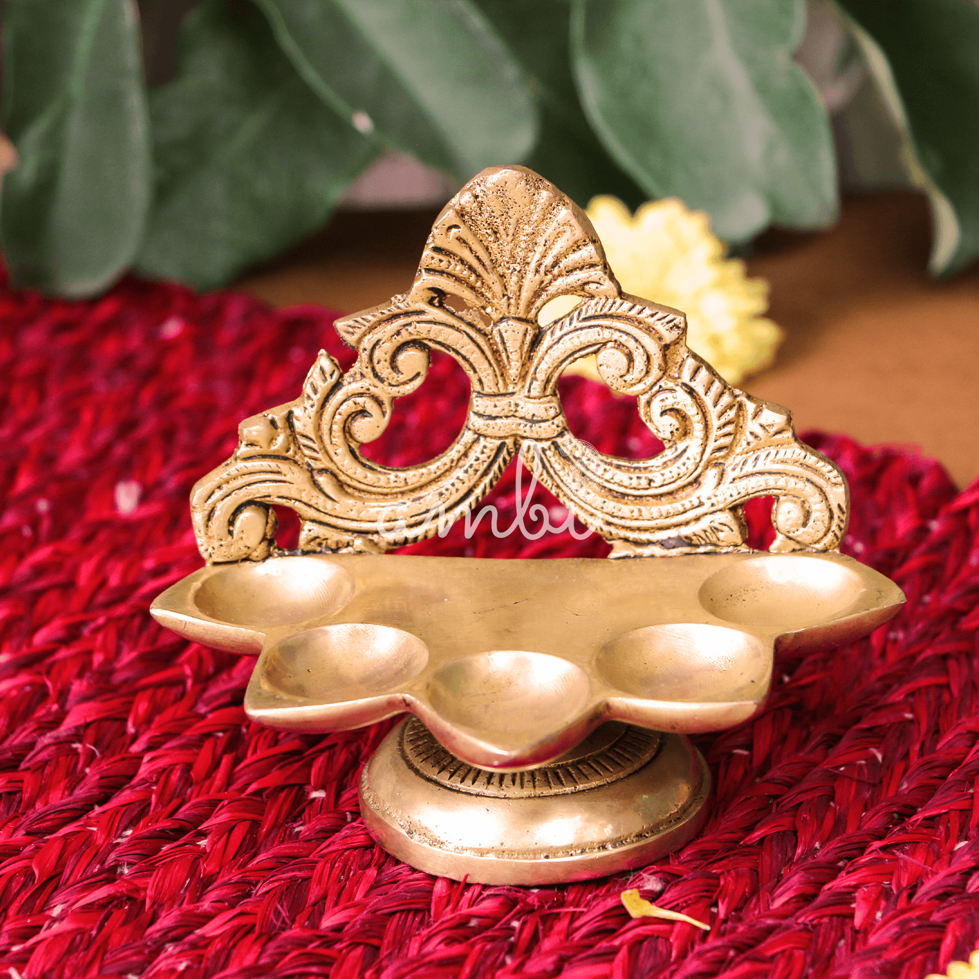 Pure Brass Antique Singhasan Panchmukhi Diya - 4 inches height - Heavy Make