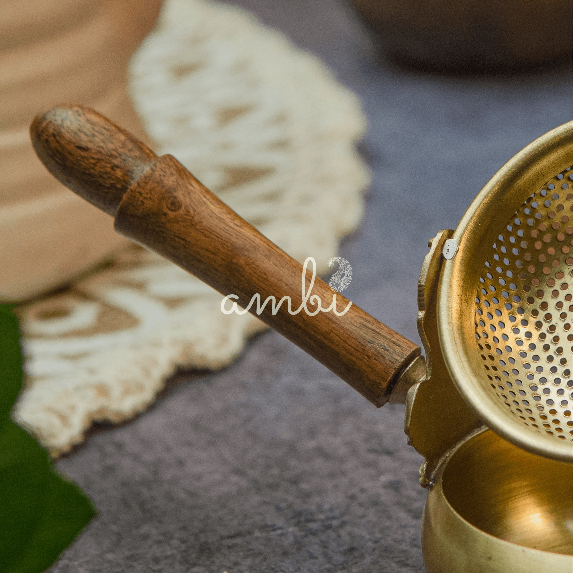 Exquisite Brass Swing Medium Sized Tea Strainer with Wooden Handle