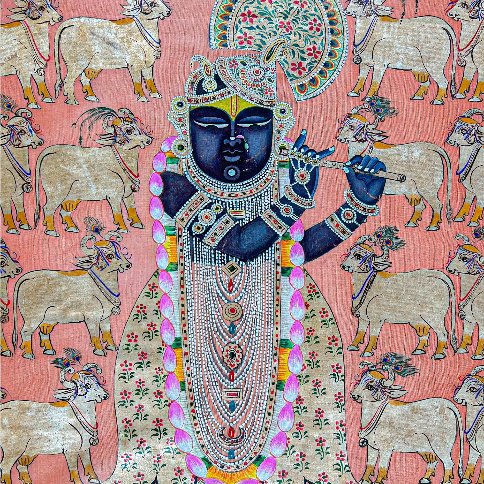 2025 - Handmade Pichwai Art - Shreenathji Silver Work Gopasthmi Painting