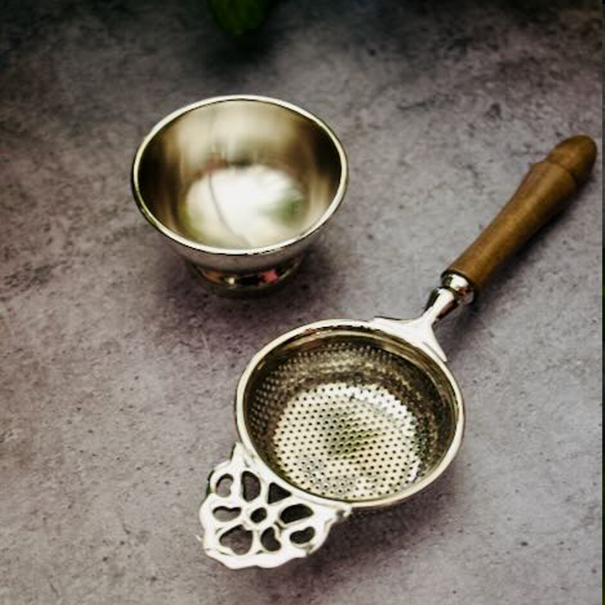 Pure Brass Punched Flower Medium Sized Tea Strainer - Steel Matte Finish With Wooden Handle and Resting Pot