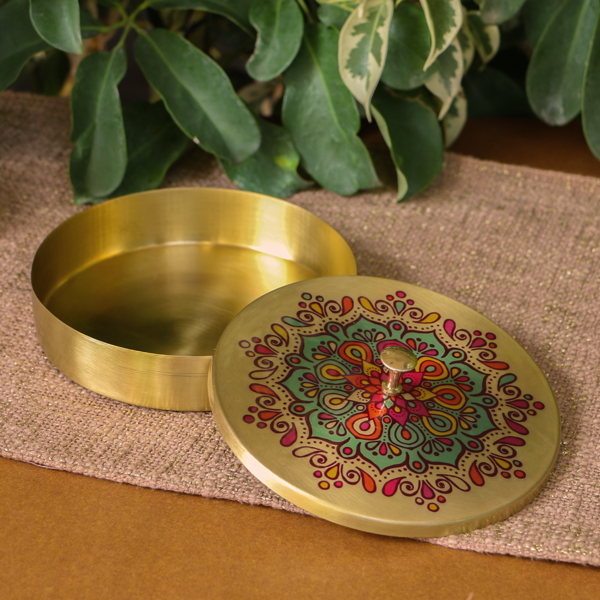 Hand Painted - Pure Brass Floral Storage Box / Cookie Box / Jewellery / Trinket - 6 inches Diameter - Mandala Design