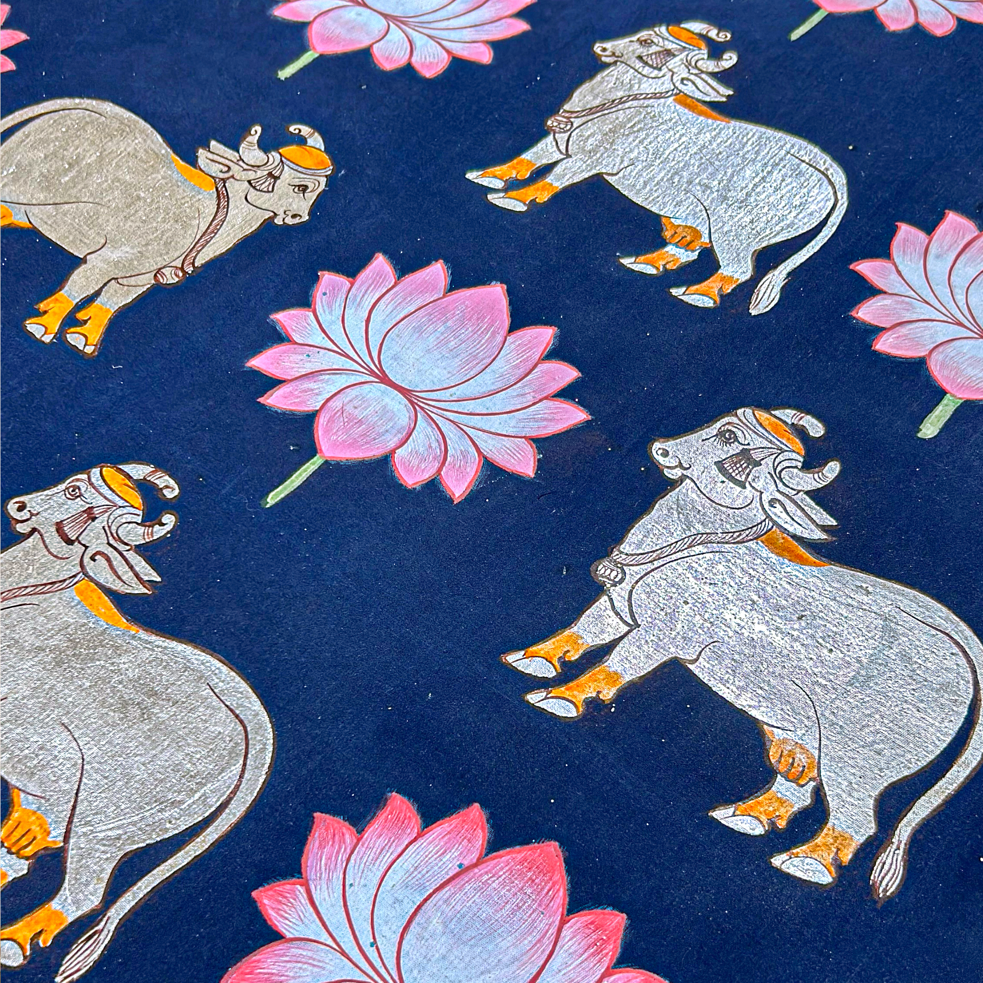 2026 - Handmade Pichwai Art -Shreenathji Silver Cows on Dark Blue background painting