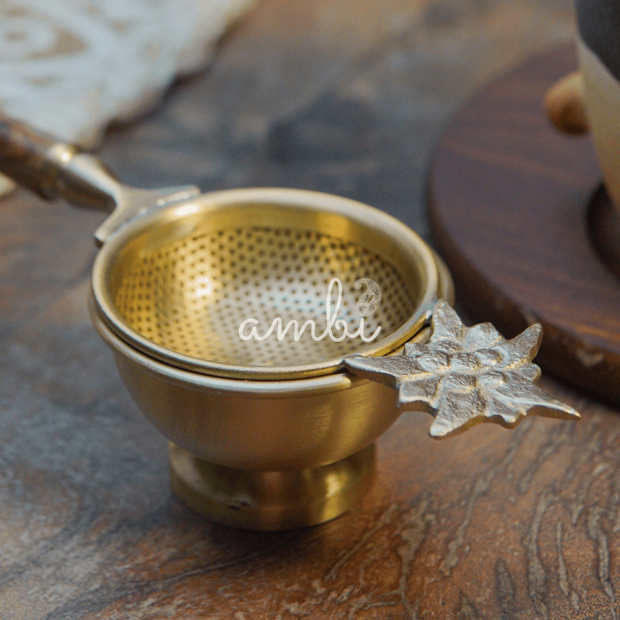 Gold Flower Matte Finish Brass Medium Sized Tea Strainer 2 Piece Set With Wooden Holder and Resting Pot