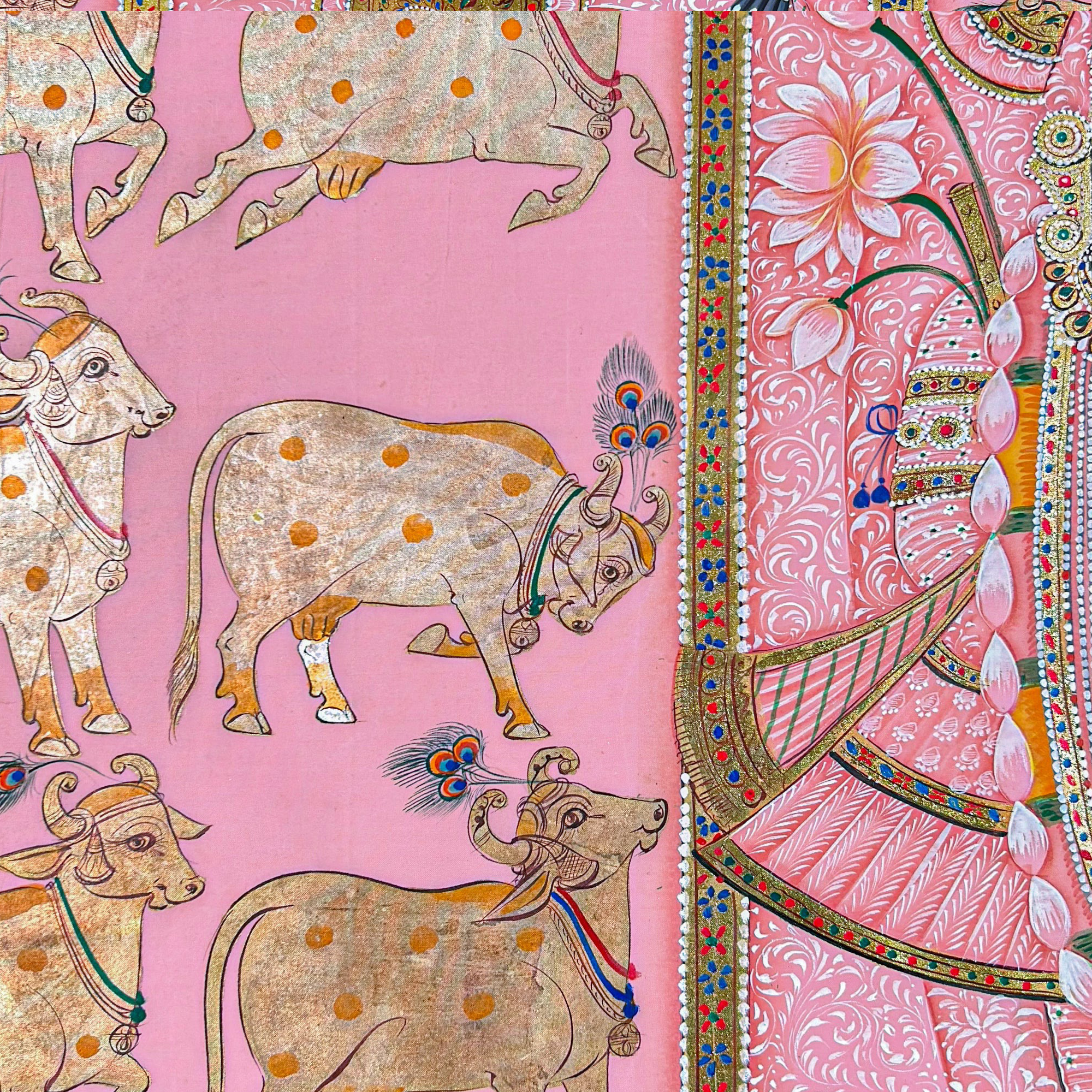 Handmade Pichwai Art - Shreenath Ji Silver Leaf Work Pink Painting