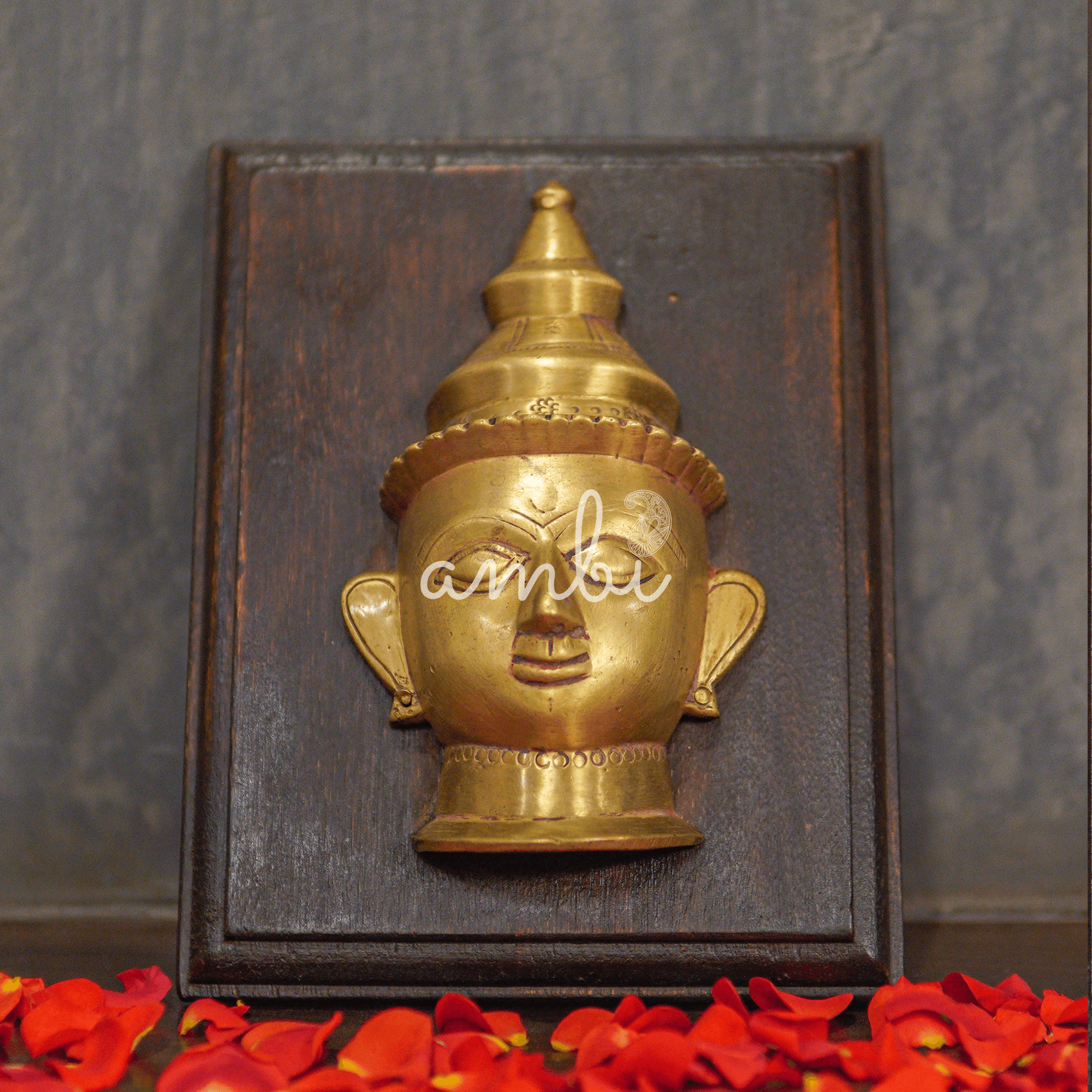 Vintage Handcrafted Buddha Brass Head on Wood Frame