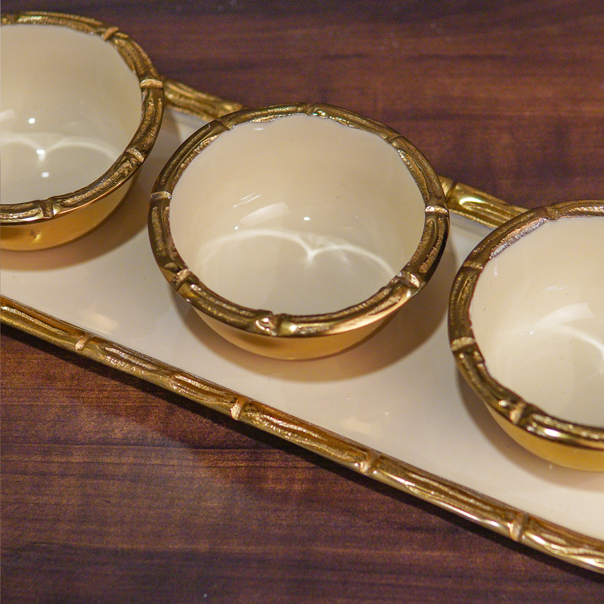 Pure Brass Golden White Platter with 3 Serving Bowls Ensemble