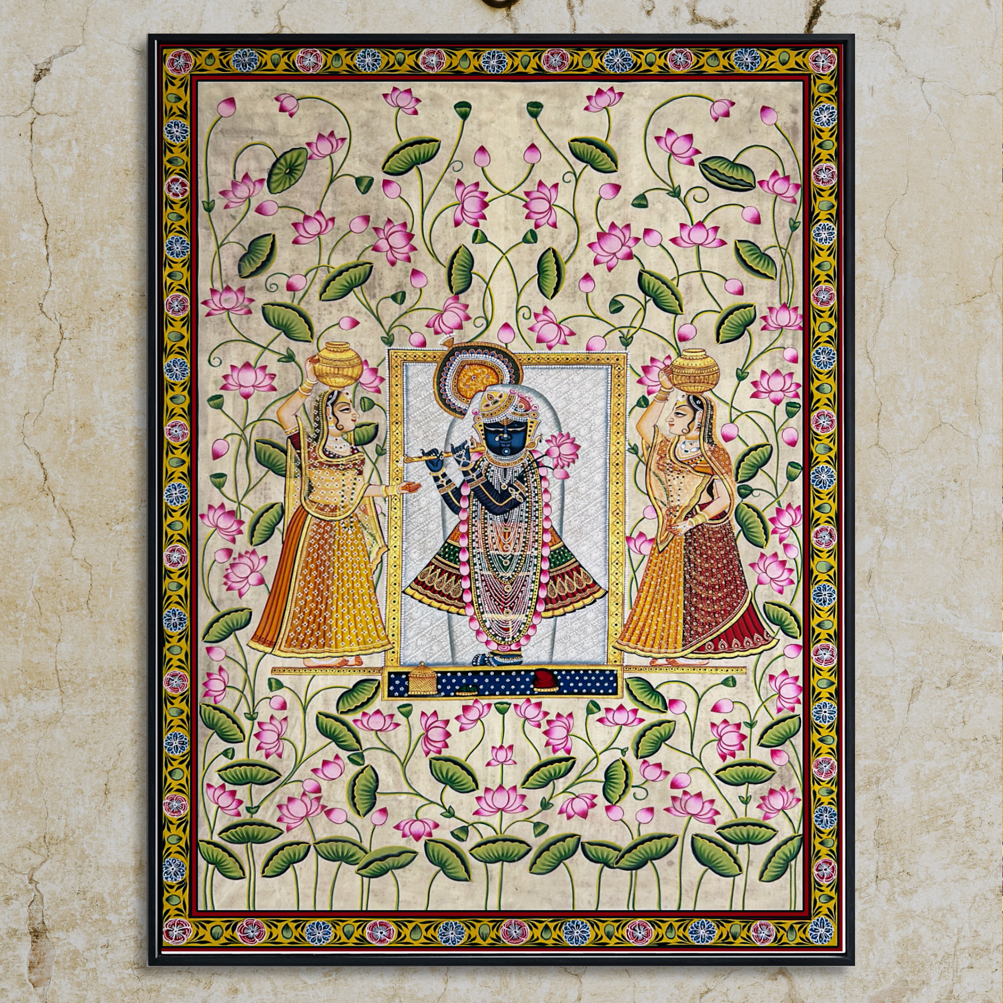 2025 Pichwai Art - Handmade Shreenathji with Gopis and Lotus Flowers Painting