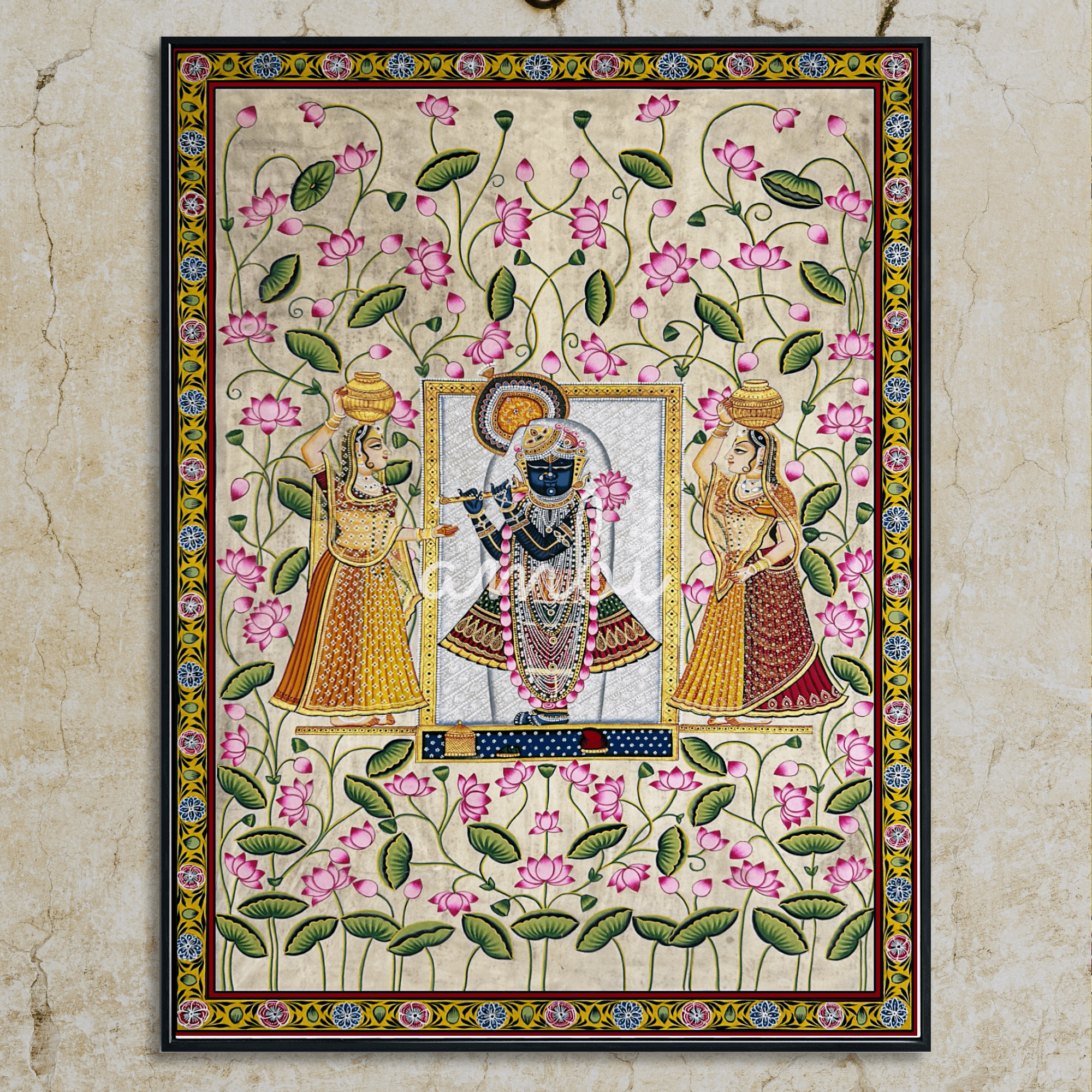 2026 - Pichwai Art - Handmade Shreenathji with Gopis and Lotus Flowers Painting