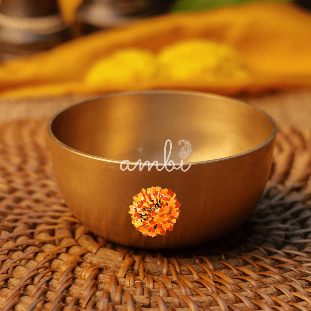 AMBI Pure 100% Lead Free Kansa Marigold Hand Painted Finish Small Katori / Bowl - 3.5 inches - 170 ML