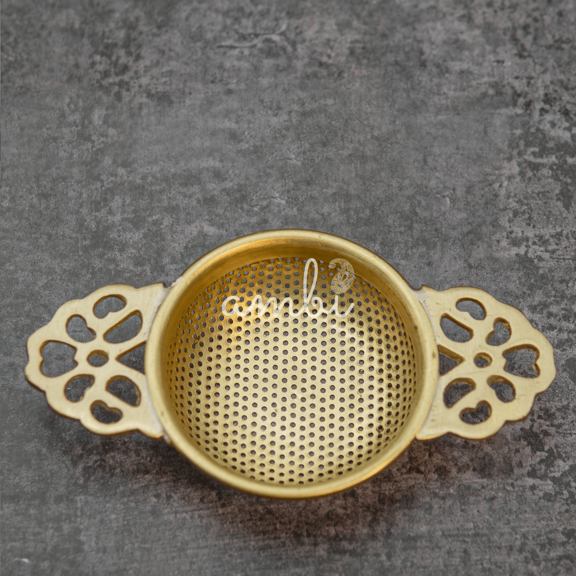 Double Punched Flower Brass Medium Sized Tea Strainer with Matte Finish and Resting Pot - Gold