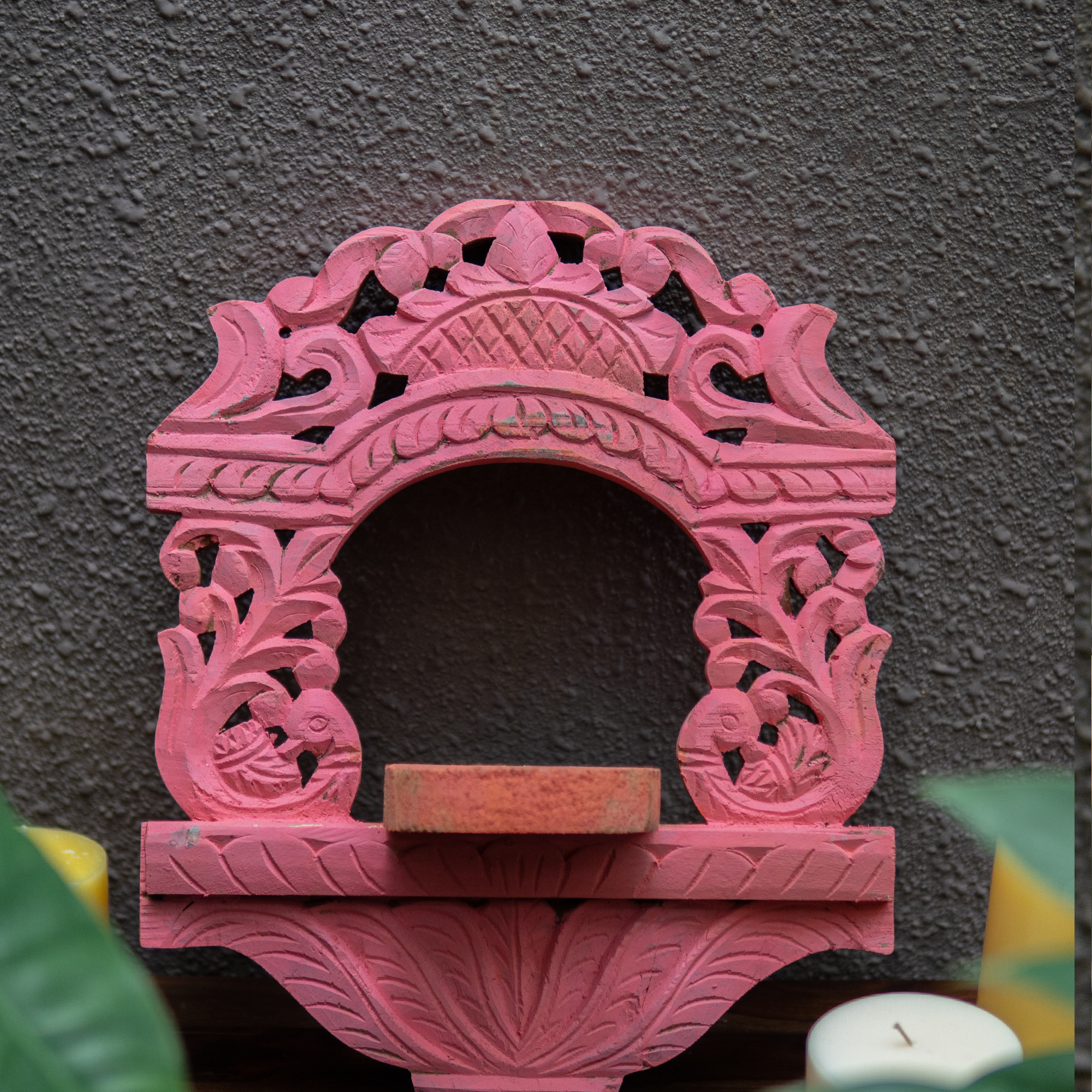 Wooden Medium Jharoka With Candle Space in Pink(Frame in Pink)