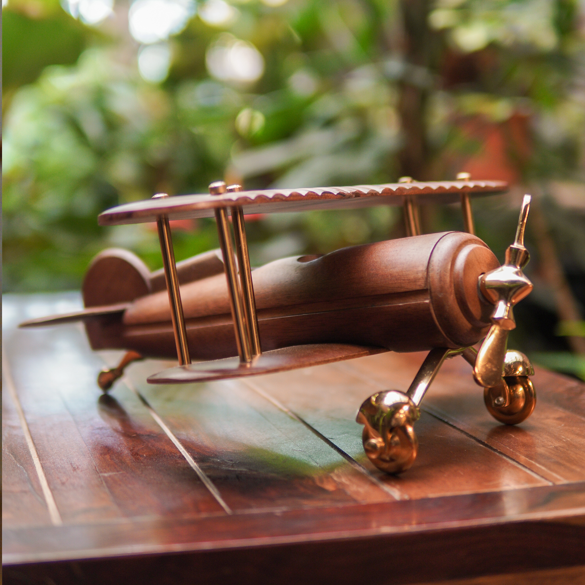 Eclectic Wood and Brass Airplane Table Art