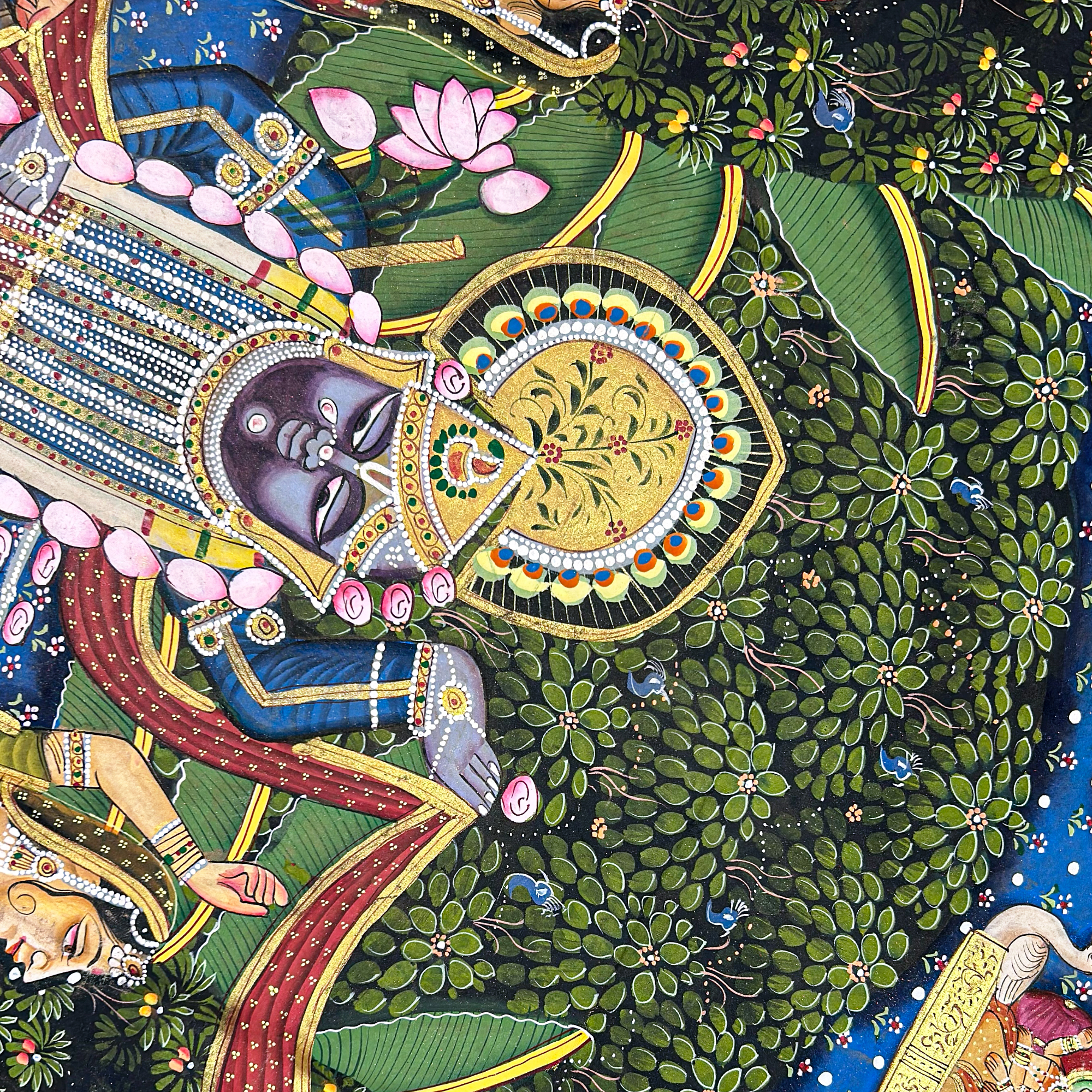 Pichwai Art - Hand Painted Shreenathji, Gopis and Peacocks Painting