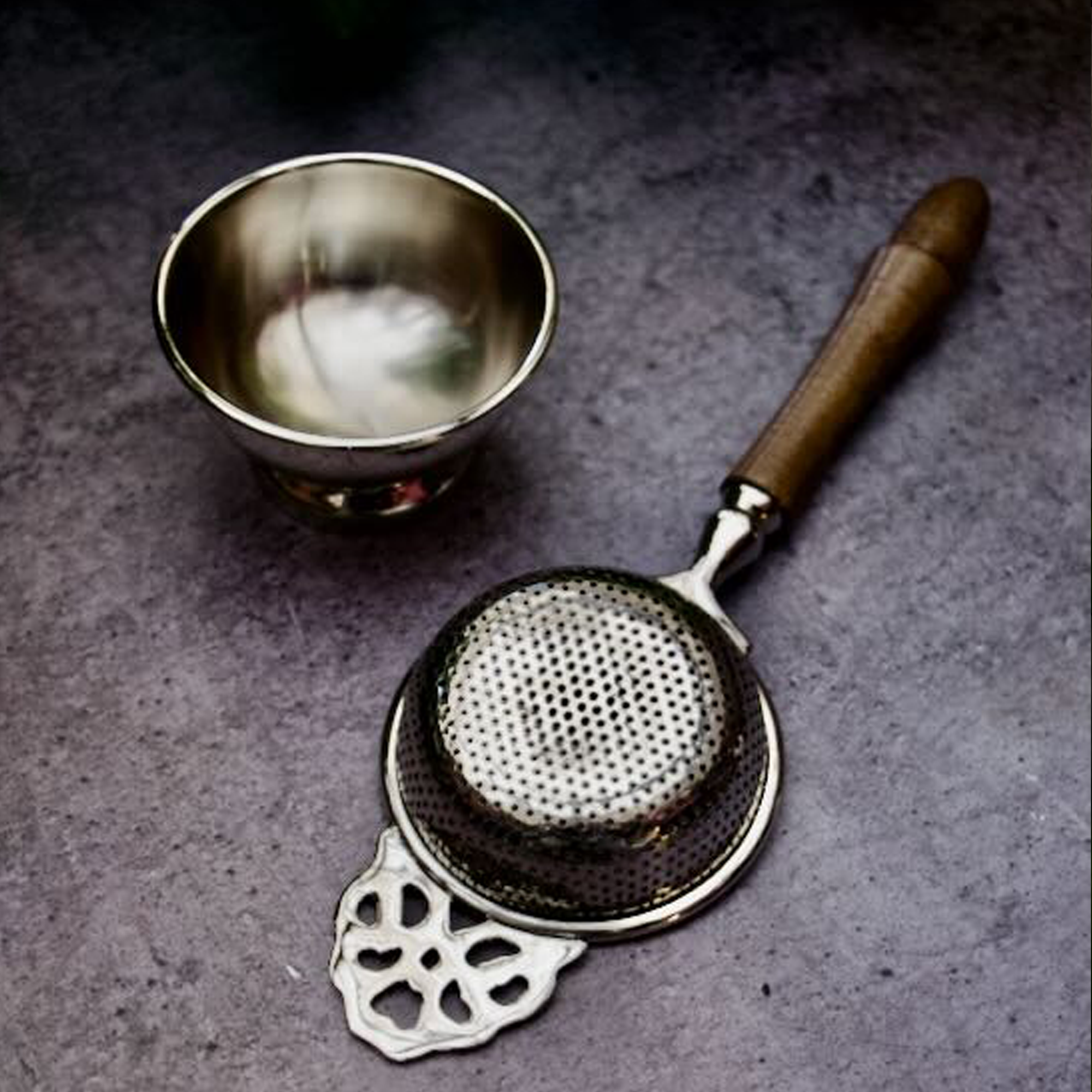 Pure Brass Punched Flower Medium Sized Tea Strainer - Steel Matte Finish With Wooden Handle and Resting Pot