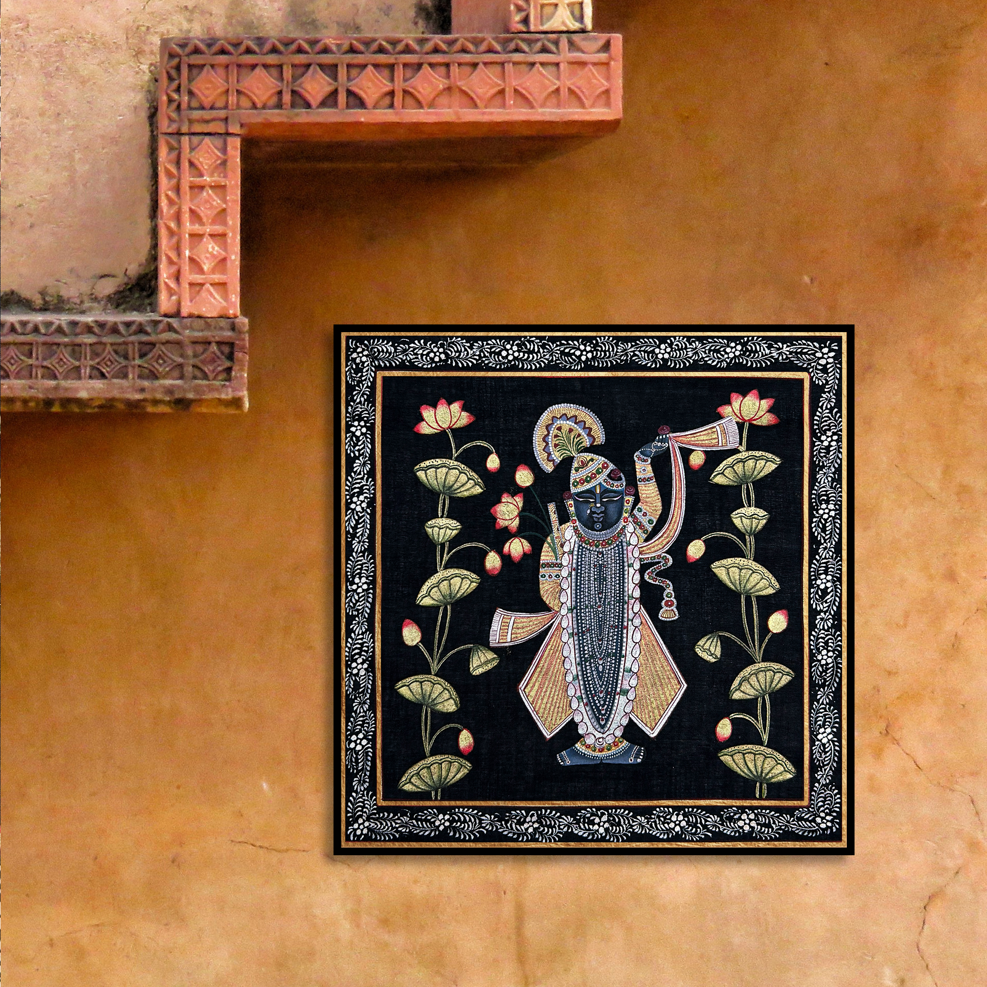 2025 Pichwai Art - Handmade Shreenathji and Lotus Flowers Painting