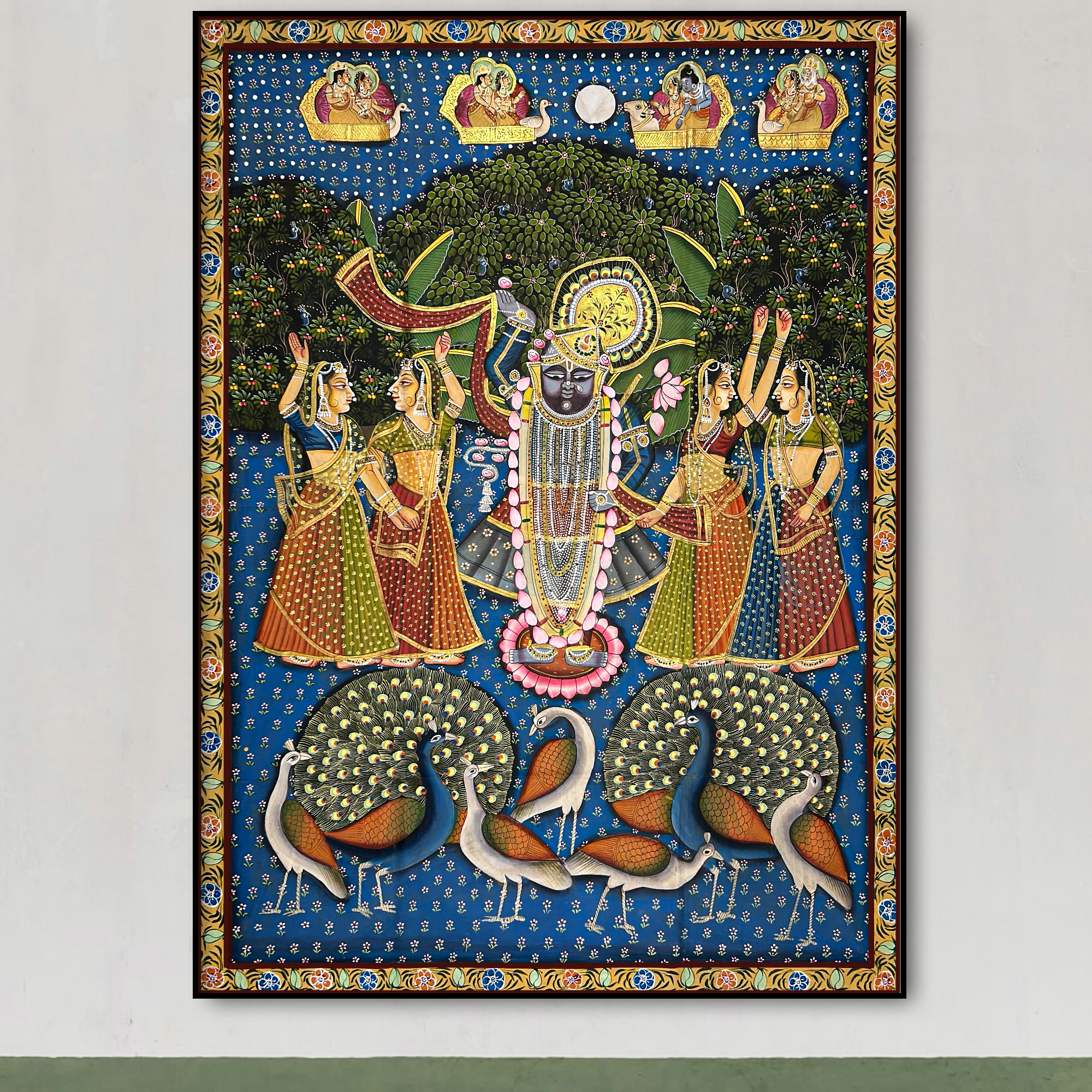 Pichwai Art - Hand Painted Shreenathji, Gopis and Peacocks Painting
